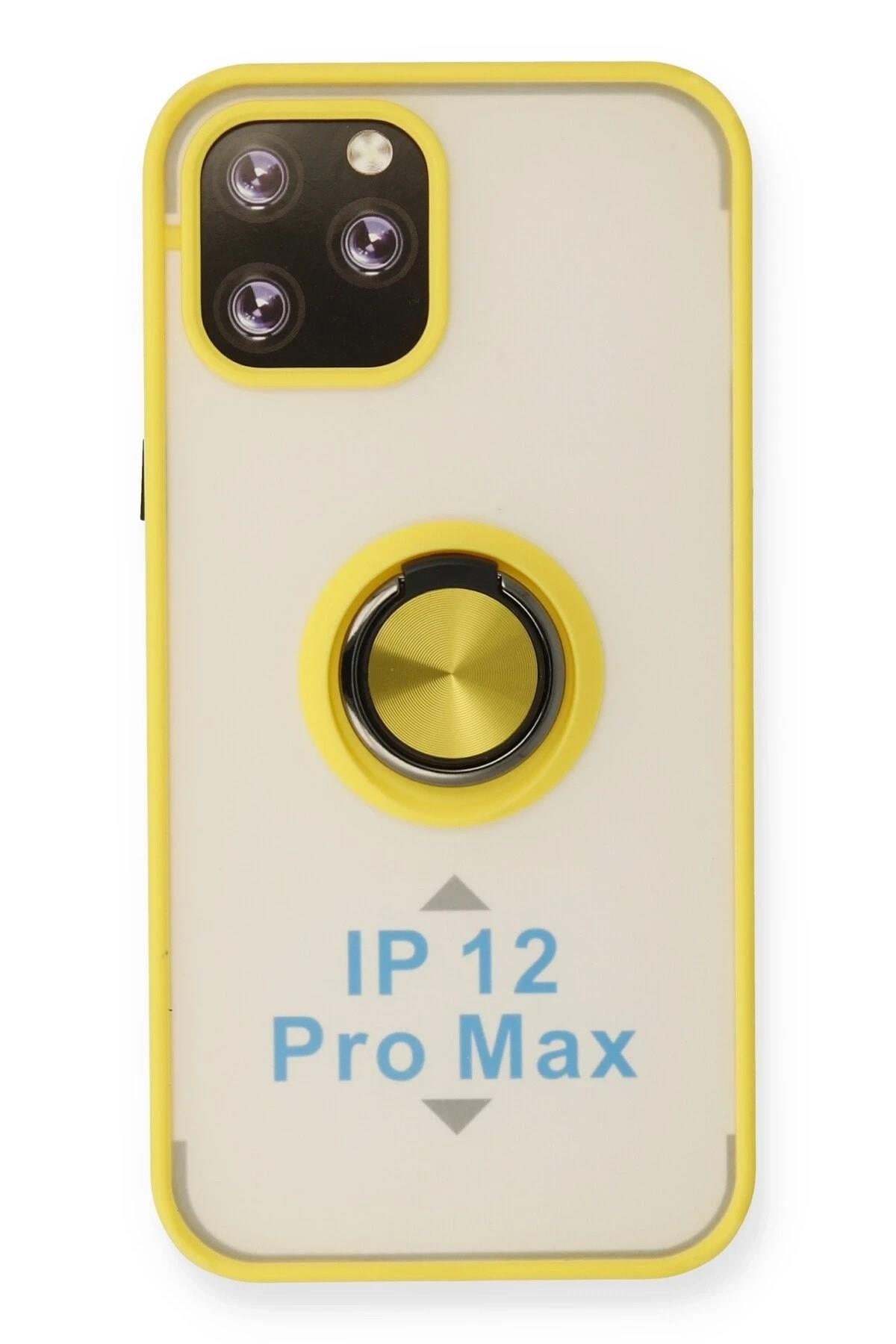 Mey İthalat®  iPhone 12 Pro Max Kılıf Montreal Yüzüklü Silikon Kapak - Sarı