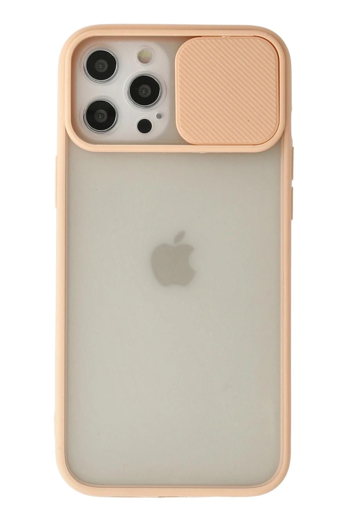 Mey İthalat®  iPhone 12 Pro Max Kılıf Palm Buzlu Kamera Sürgülü Silikon - Pembe