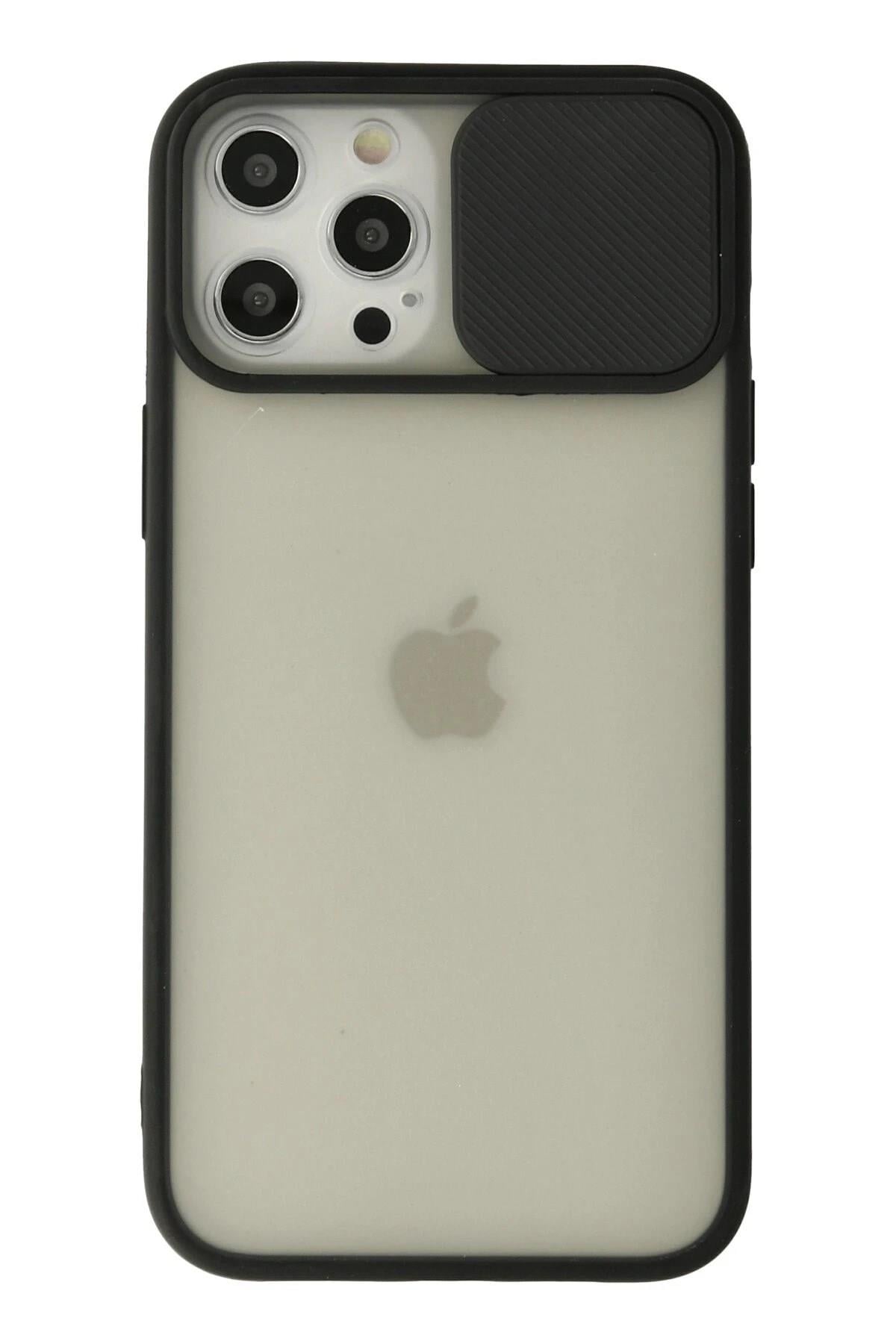 Mey İthalat®  iPhone 12 Pro Max Kılıf Palm Buzlu Kamera Sürgülü Silikon - Siyah