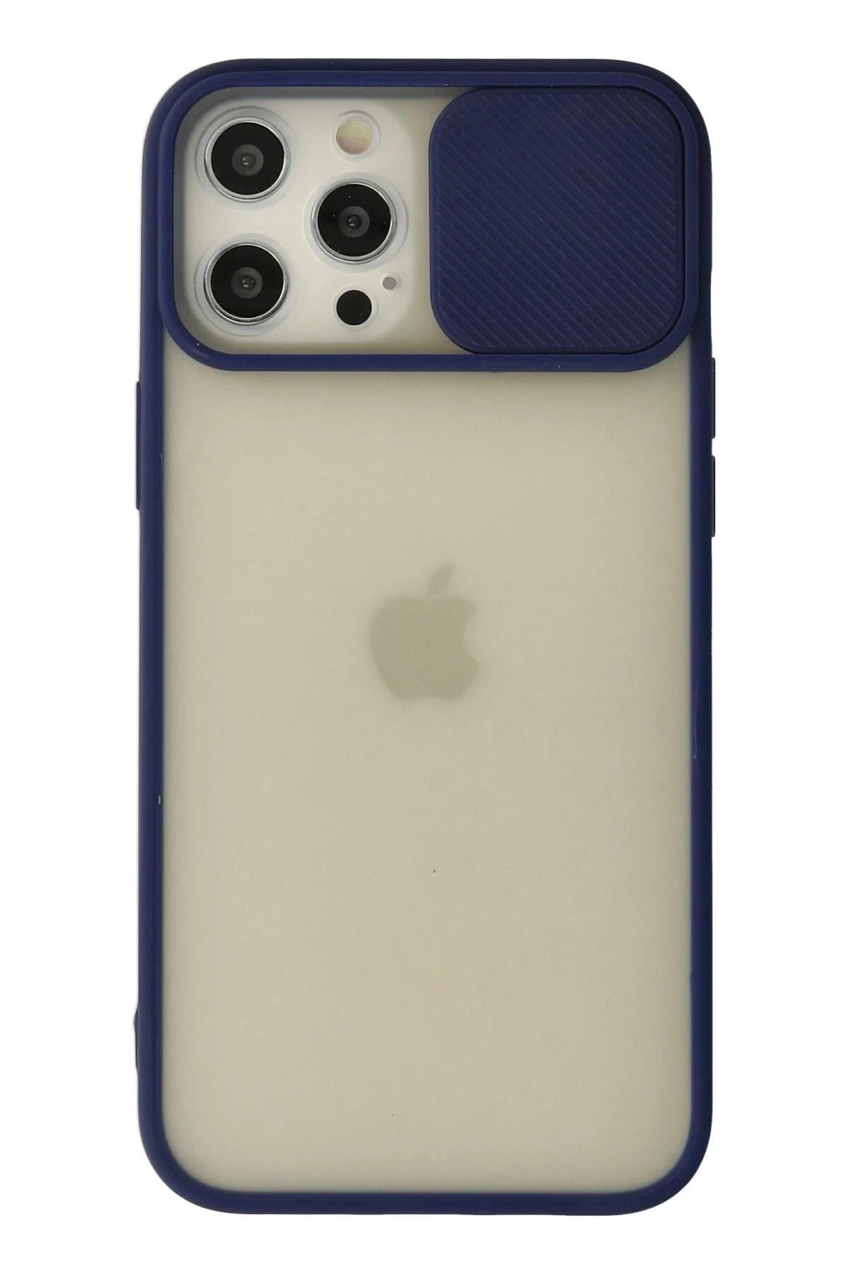 Mey İthalat®  iPhone 12 Pro Max Kılıf Palm Buzlu Kamera Sürgülü Silikon - Lacivert