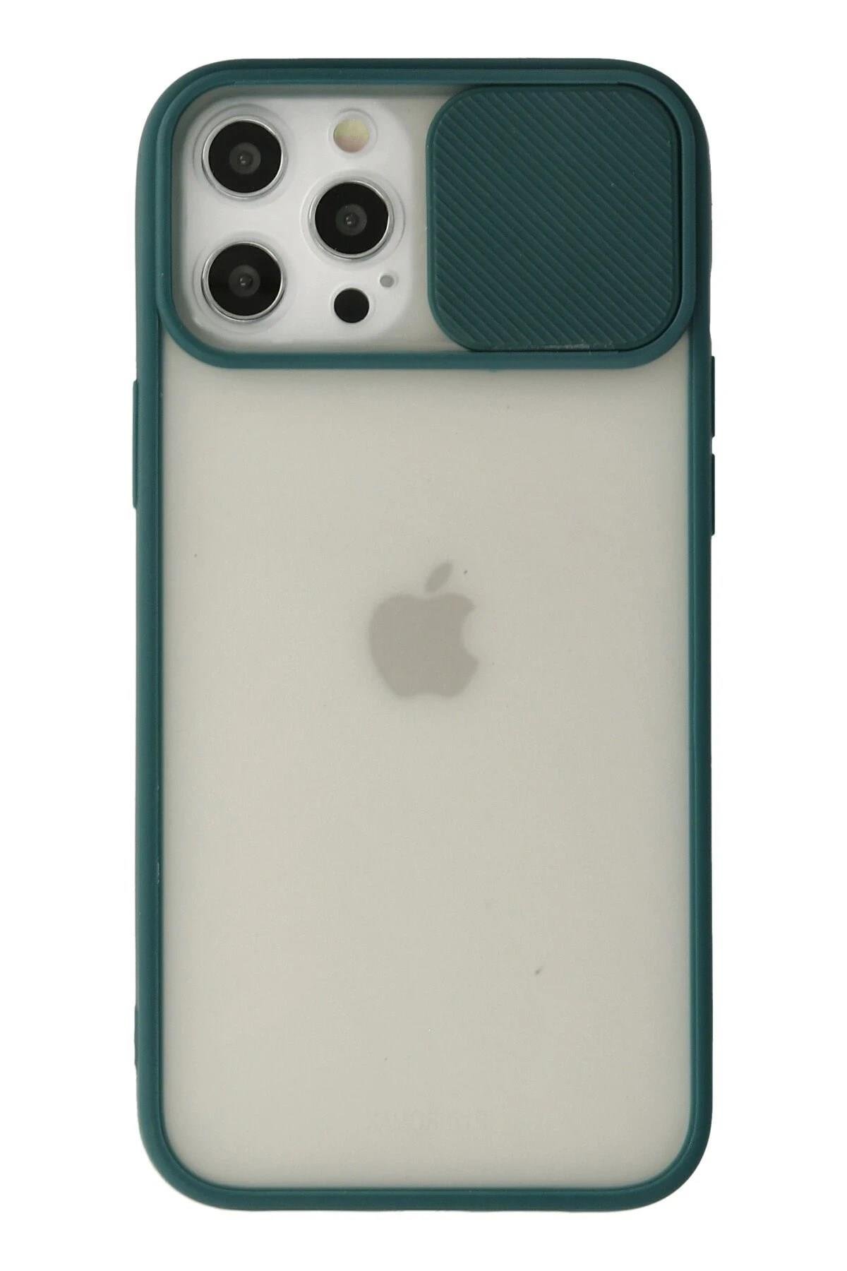 Mey İthalat®  iPhone 12 Pro Max Kılıf Palm Buzlu Kamera Sürgülü Silikon - Yeşil