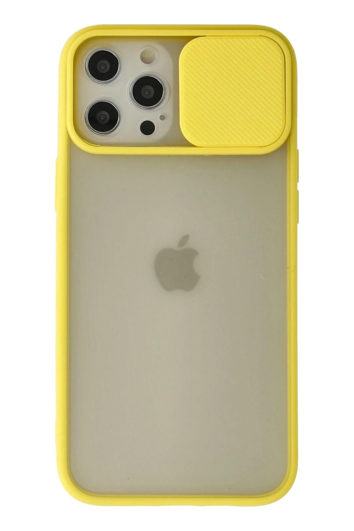 Mey İthalat®  iPhone 12 Pro Max Kılıf Palm Buzlu Kamera Sürgülü Silikon - Sarı