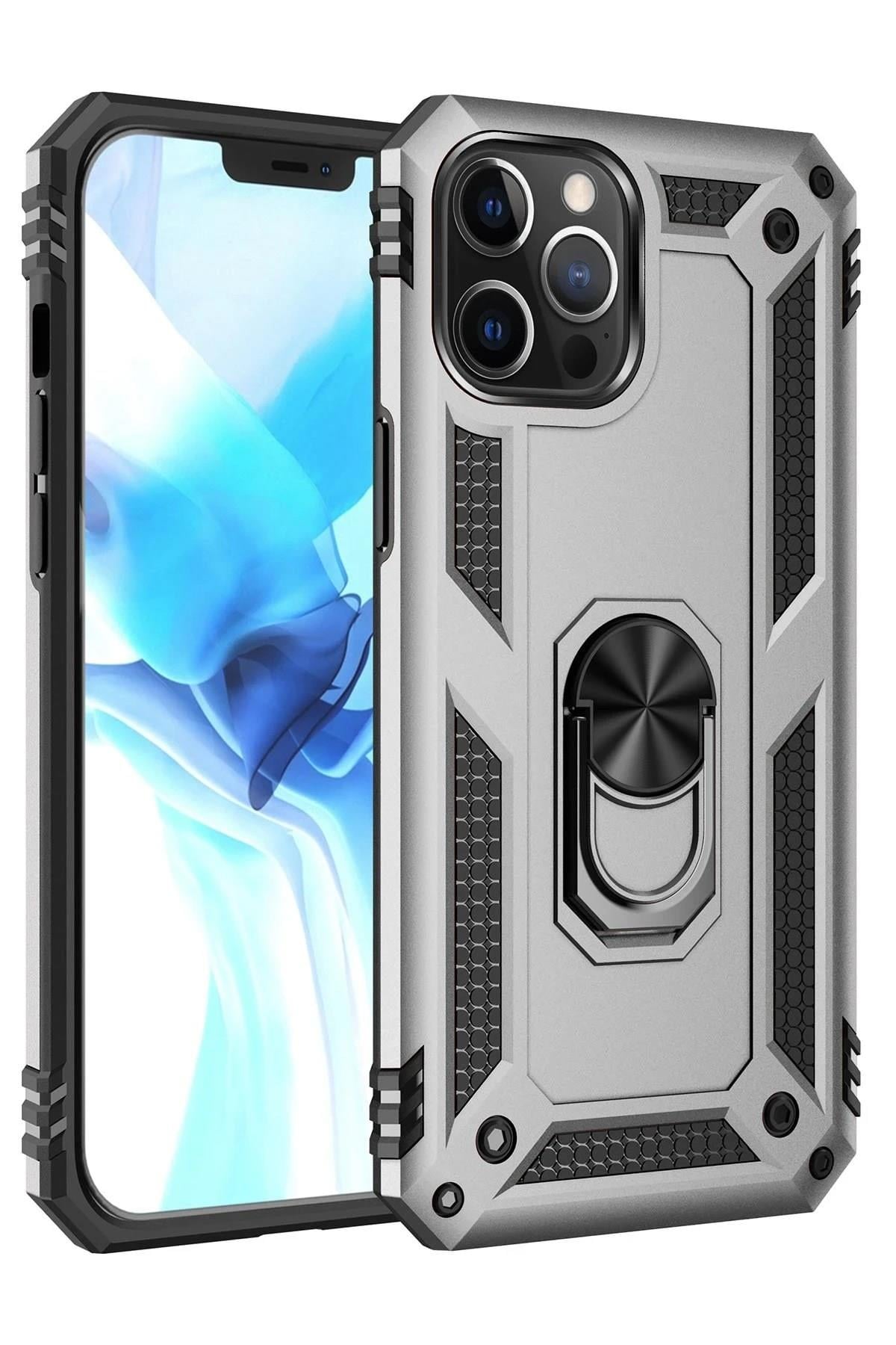 Mey İthalat®  iPhone 12 Pro Max Kılıf Sofya Yüzüklü Silikon Kapak - Gümüş