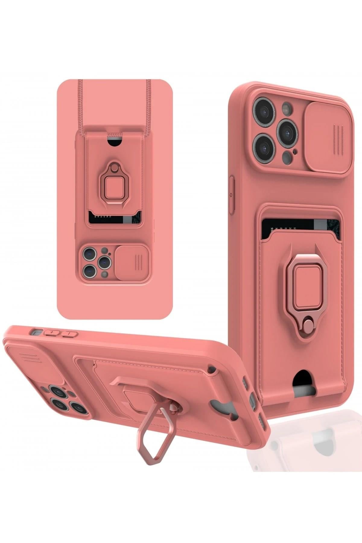 Mey İthalat®  iPhone 12 Pro Max Kılıf Zuma Kartvizitli Yüzüklü Silikon - Pembe