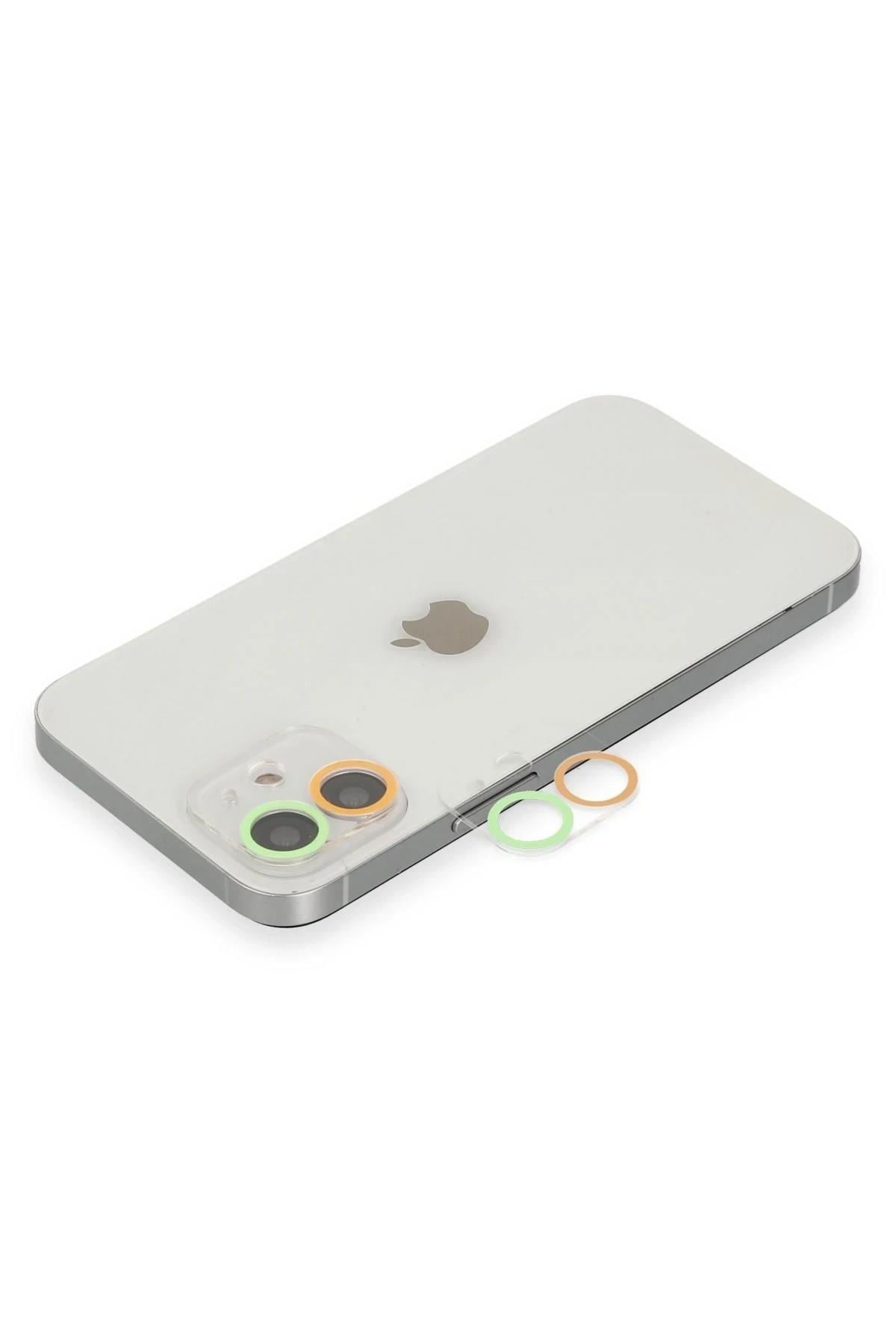 Mey İthalat®  iPhone 12 Renkli Kamera Lens Koruma Cam - Turuncu-Yeşil
