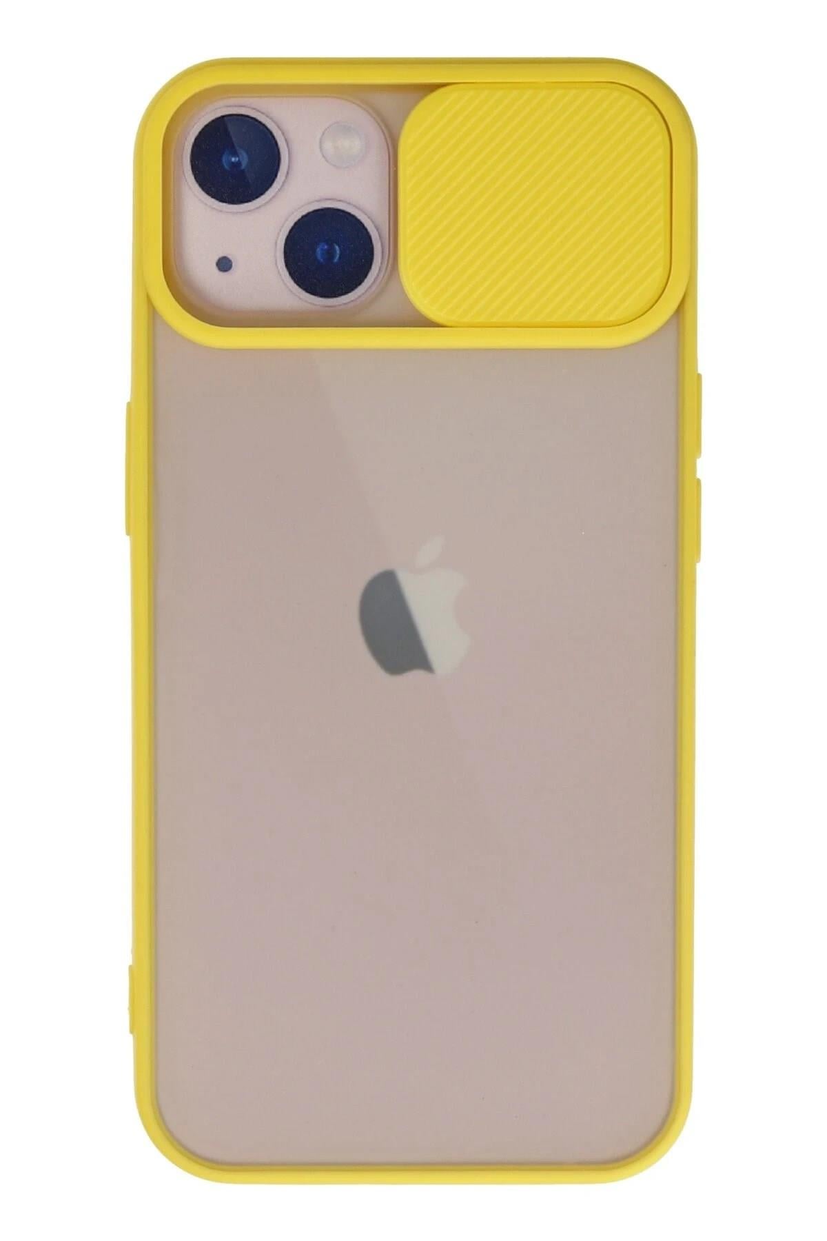 Mey İthalat®  iPhone 13 Kılıf Palm Buzlu Kamera Sürgülü Silikon - Sarı