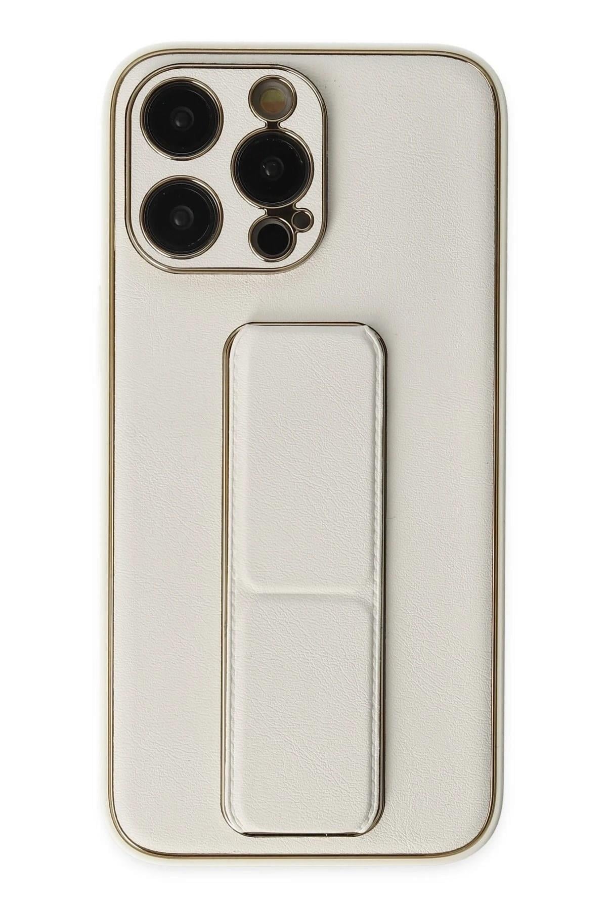 Mey İthalat®  iPhone 13 Pro Kılıf Coco Deri Standlı Kapak - Beyaz