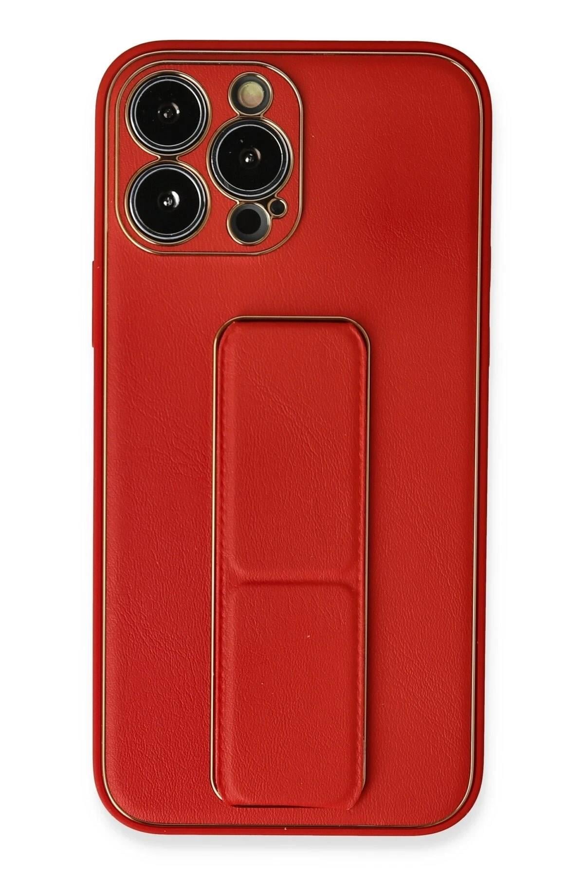 Mey İthalat®  iPhone 13 Pro Kılıf Coco Deri Standlı Kapak - Kırmızı