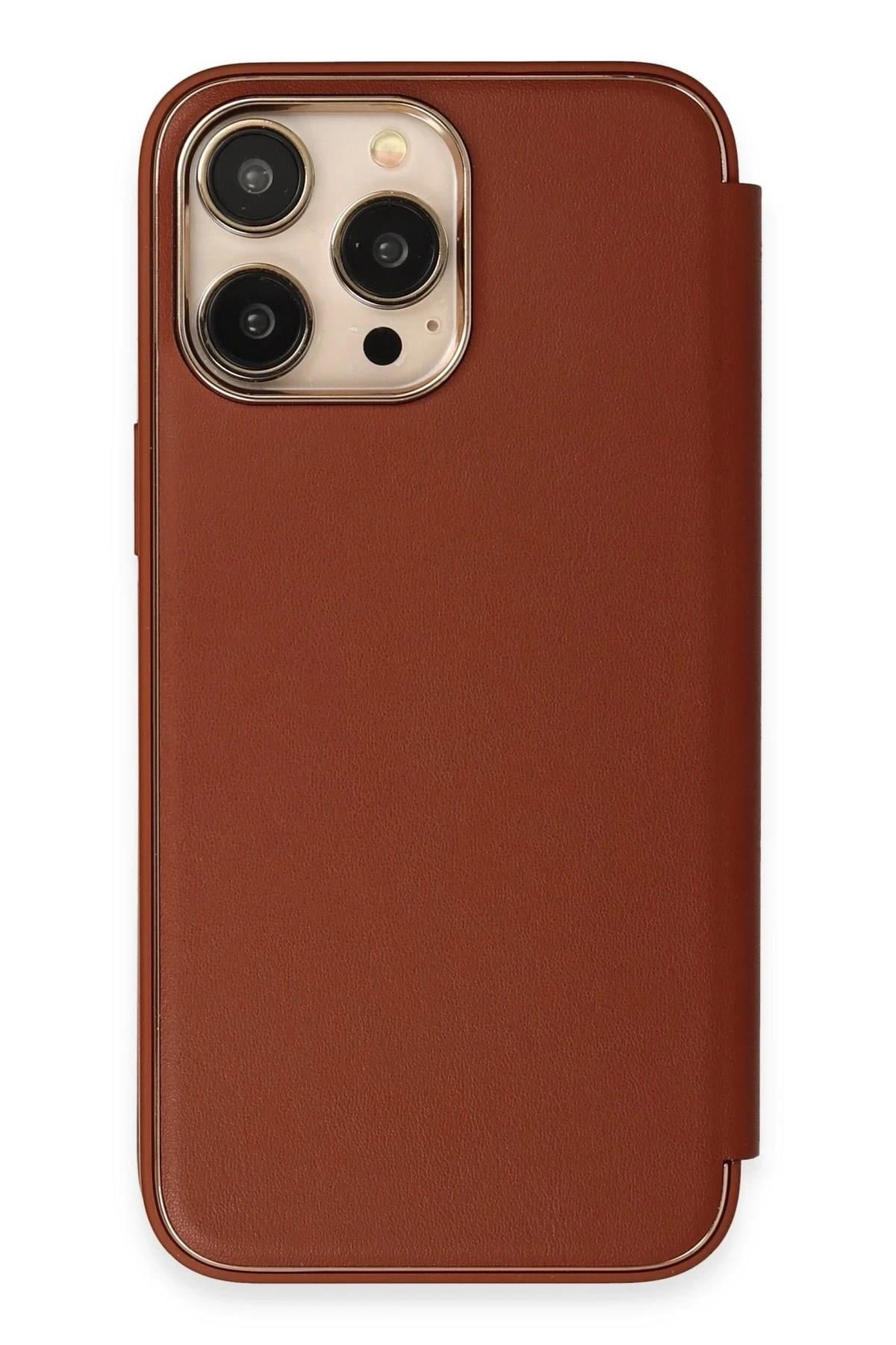 Mey İthalat®  iPhone 13 Pro Kılıf Dolpin Kapaklı - Kahverengi