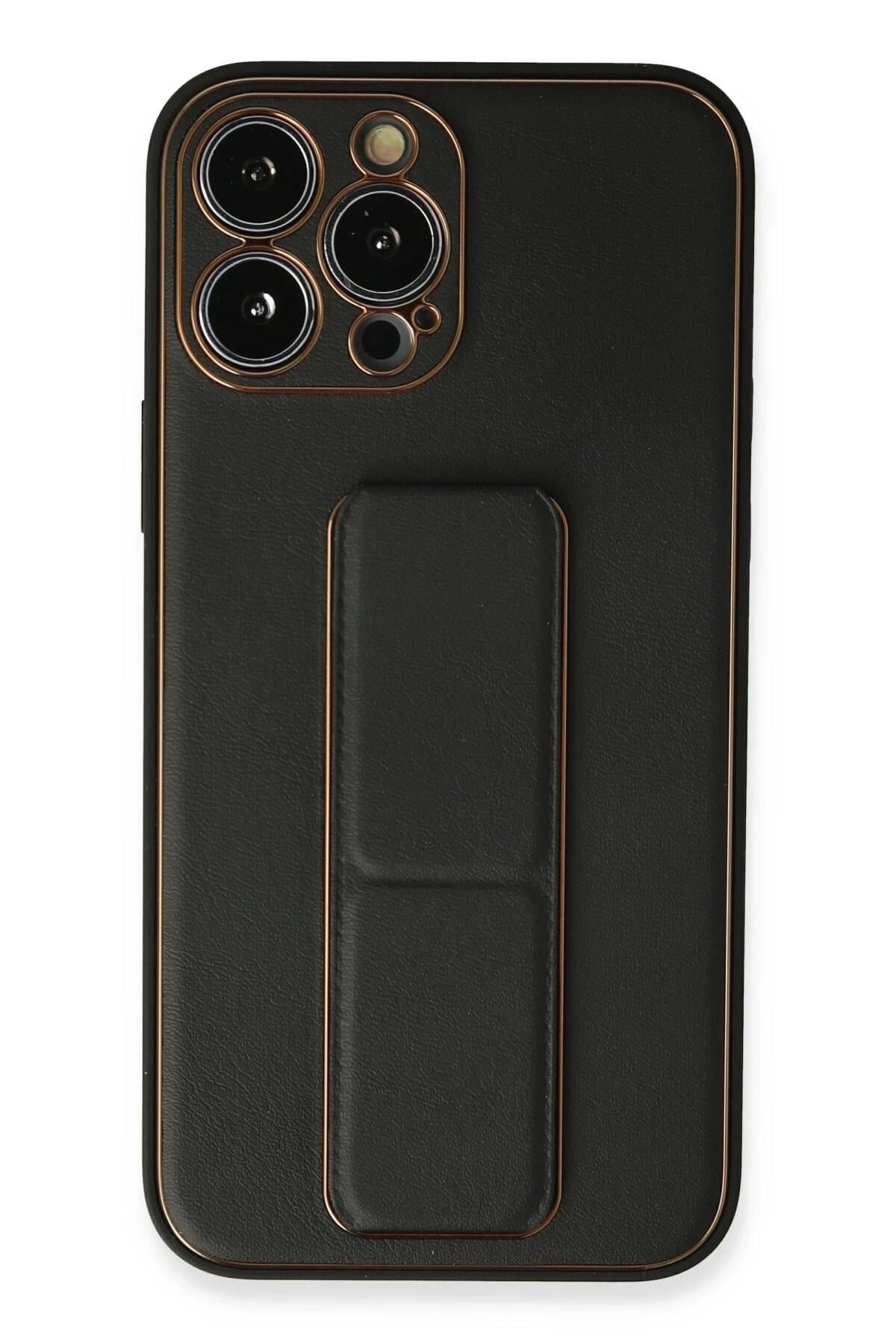 Mey İthalat®  iPhone 13 Pro Max Kılıf Coco Deri Standlı Kapak - Siyah