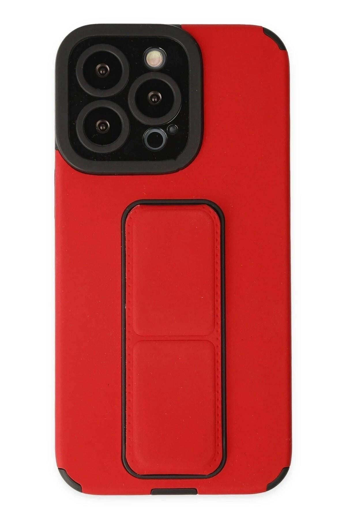 Mey İthalat®  iPhone 13 Pro Max Kılıf Mega Standlı Silikon - Kırmızı