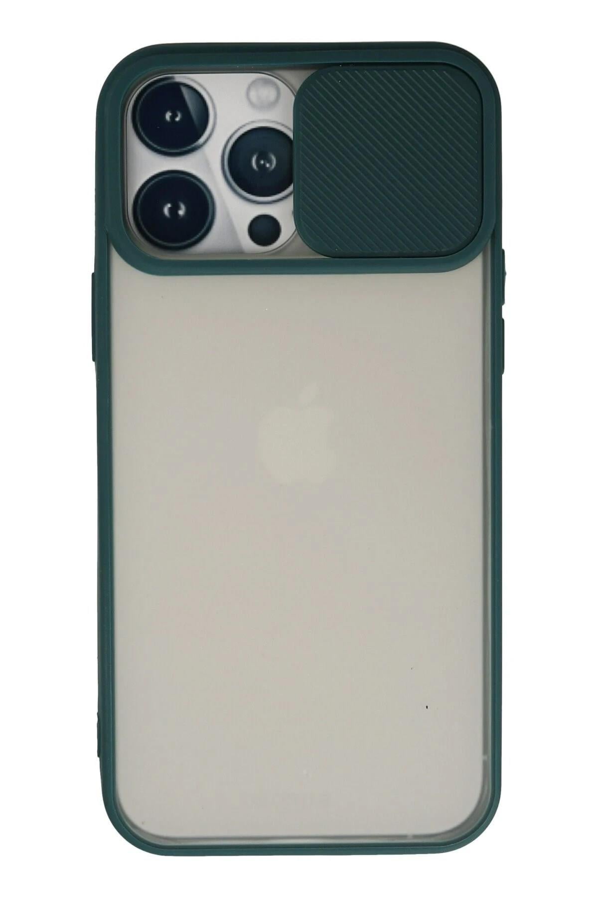 Mey İthalat®  iPhone 13 Pro Max Kılıf Palm Buzlu Kamera Sürgülü Silikon - Yeşil