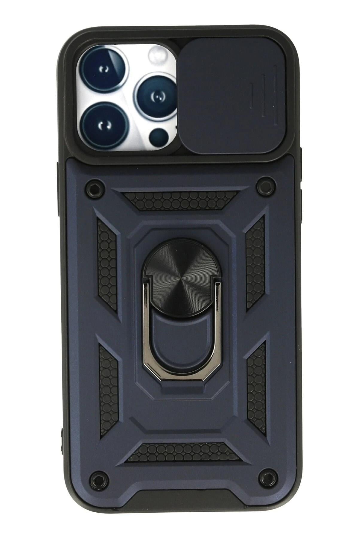 Mey İthalat®  iPhone 13 Pro Max Kılıf Pars Lens Yüzüklü Silikon - Lacivert