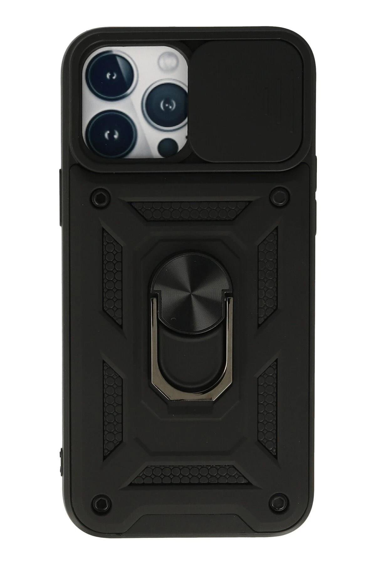Mey İthalat®  iPhone 13 Pro Max Kılıf Pars Lens Yüzüklü Silikon - Siyah
