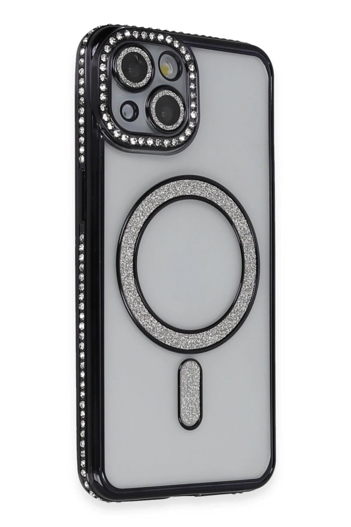 Mey İthalat®  iPhone 14 Kılıf Joke Simli Magneticsafe Kılıf - Siyah
