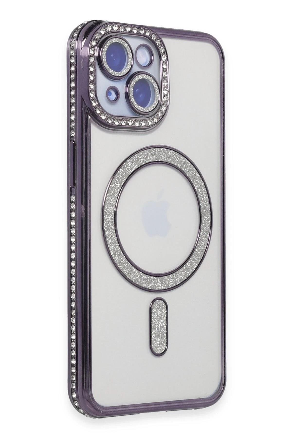 Mey İthalat®  iPhone 14 Kılıf Joke Simli Magneticsafe Kılıf - Derin Mor