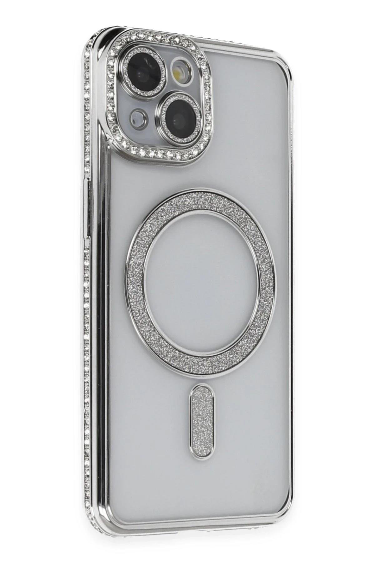 Mey İthalat®  iPhone 14 Kılıf Joke Simli Magneticsafe Kılıf - Gümüş