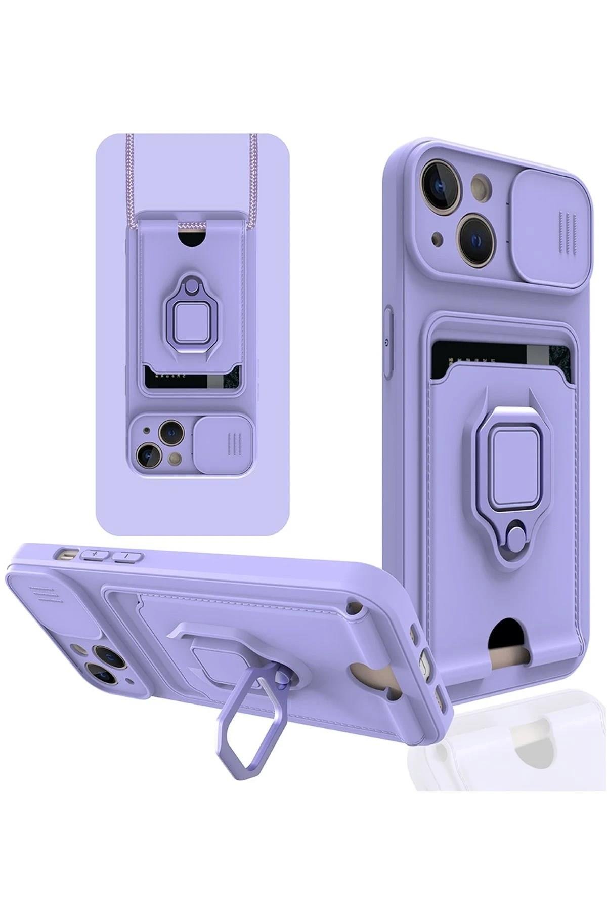 Mey İthalat®  iPhone 14 Kılıf Zuma Kartvizitli Yüzüklü Silikon - Lila