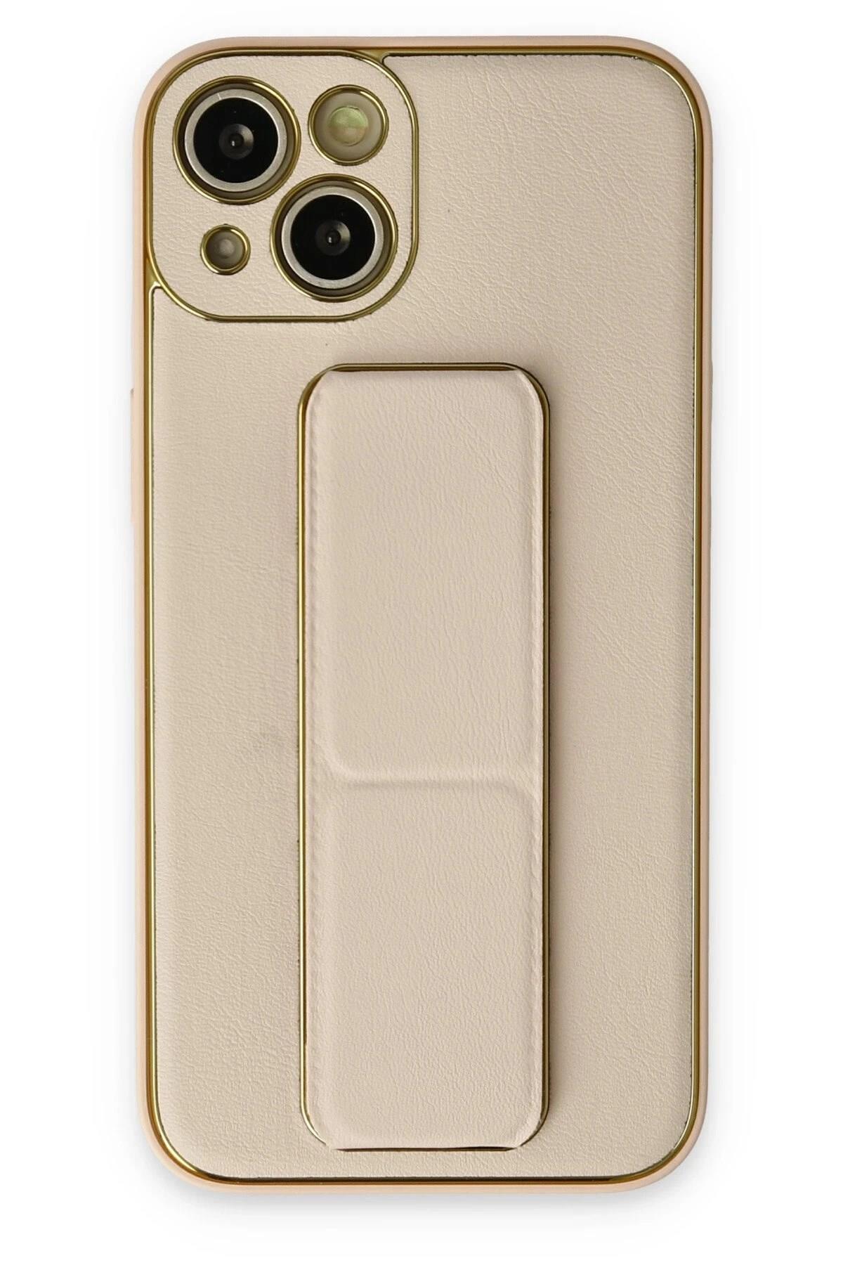 Mey İthalat®  iPhone 14 Plus Kılıf Coco Deri Standlı Kapak - Gold