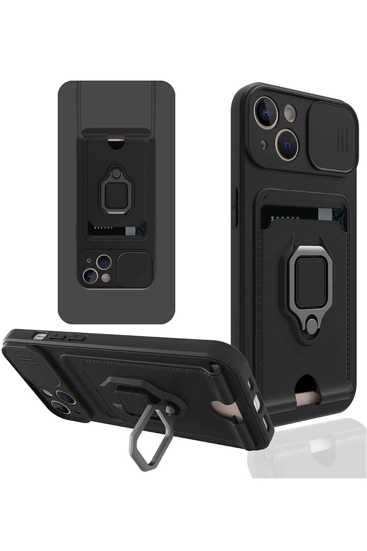 Mey İthalat®  iPhone 14 Plus Kılıf Zuma Kartvizitli Yüzüklü Silikon - Siyah