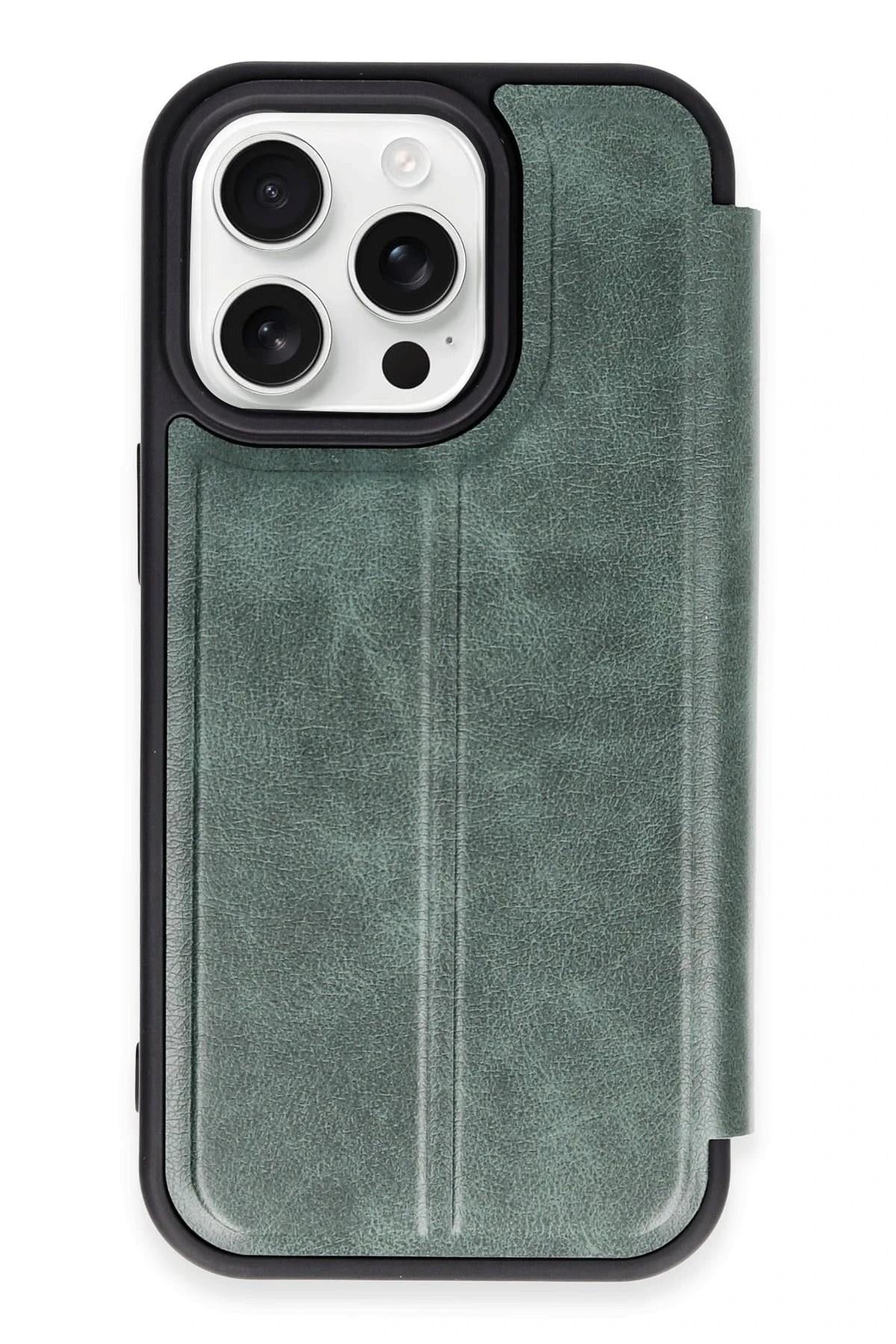 Mey İthalat®  iPhone 14 Pro Kılıf Flip Cover - Koyu Yeşil