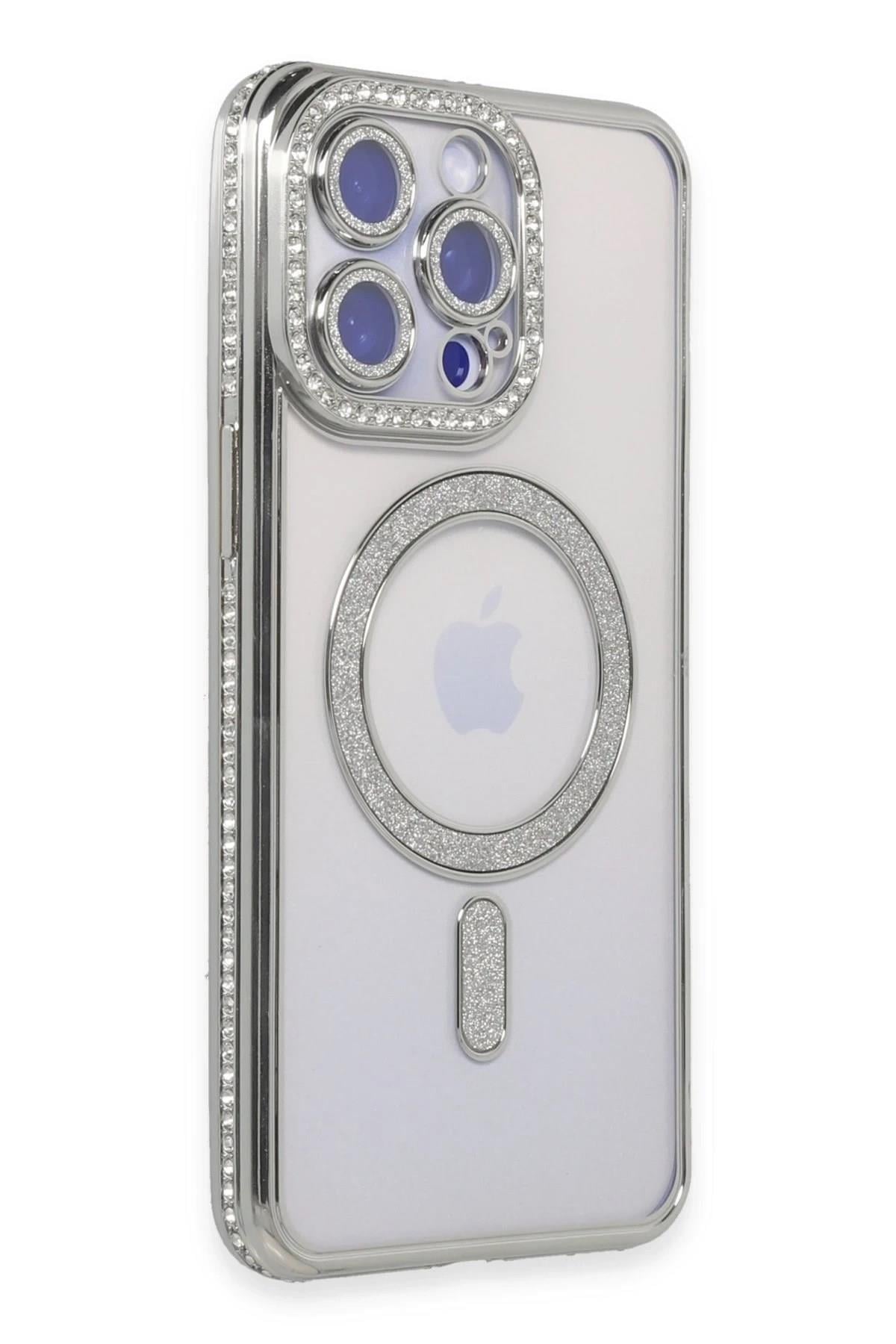 Mey İthalat®  iPhone 14 Pro Kılıf Joke Simli Magneticsafe Kılıf - Gümüş