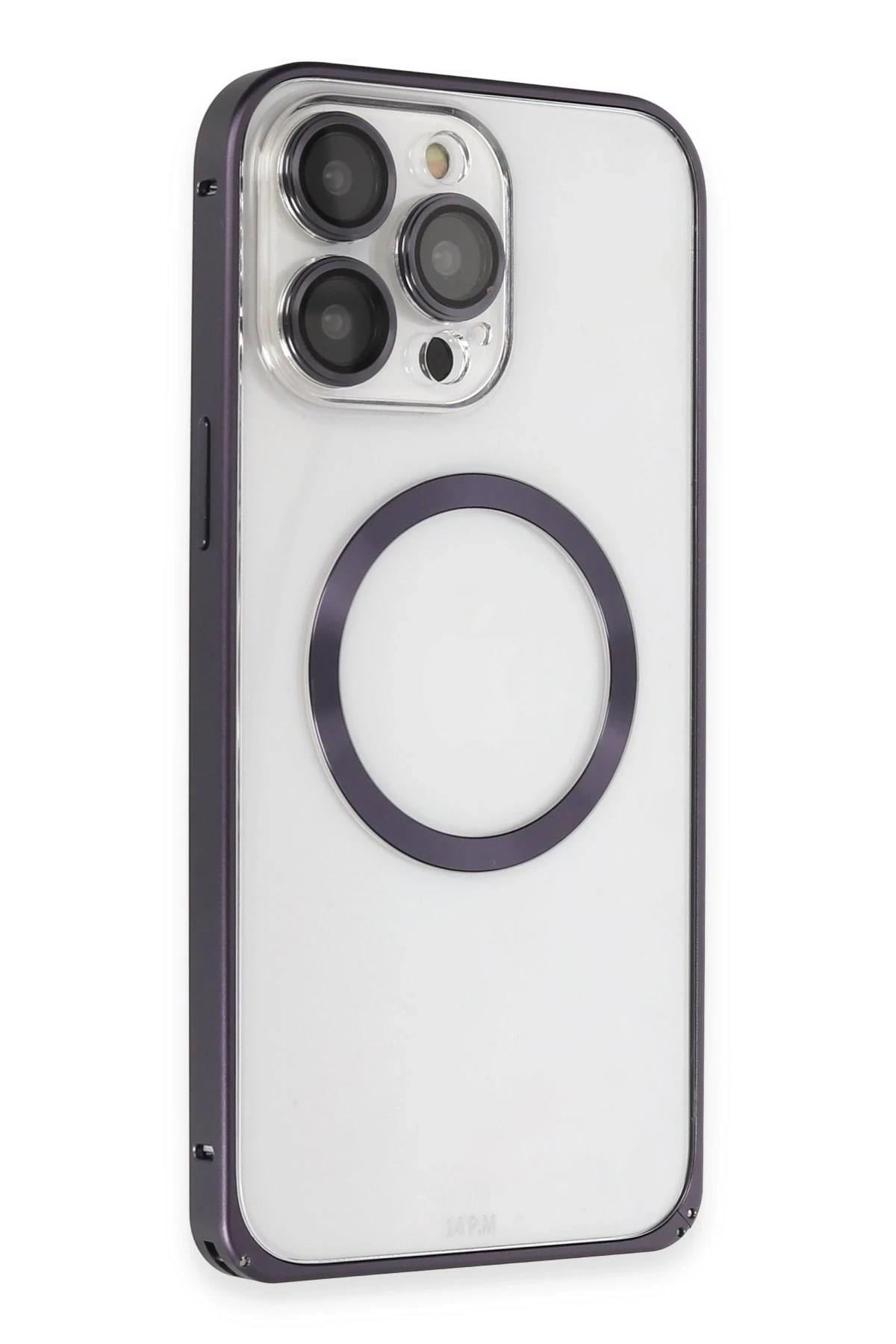 Mey İthalat®  iPhone 14 Pro Kılıf Metal Bumper Magneticsafe Kapak - Derin Mor