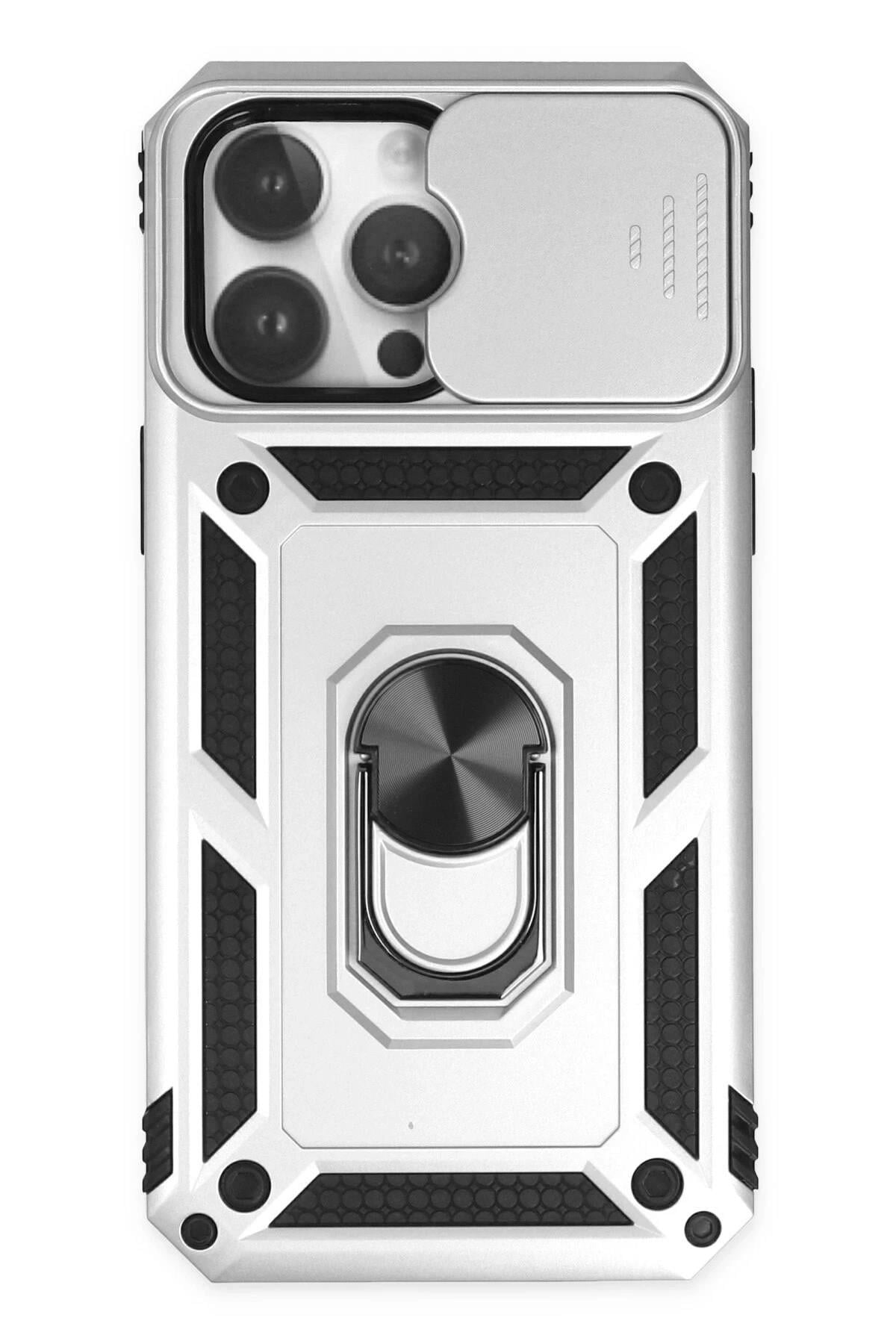 Mey İthalat®  iPhone 14 Pro Kılıf Pars Lens Yüzüklü Silikon - Gümüş