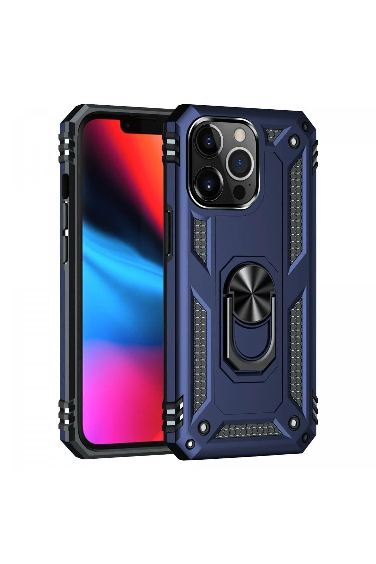 Mey İthalat®  iPhone 14 Pro Kılıf Sofya Yüzüklü Silikon Kapak - Lacivert