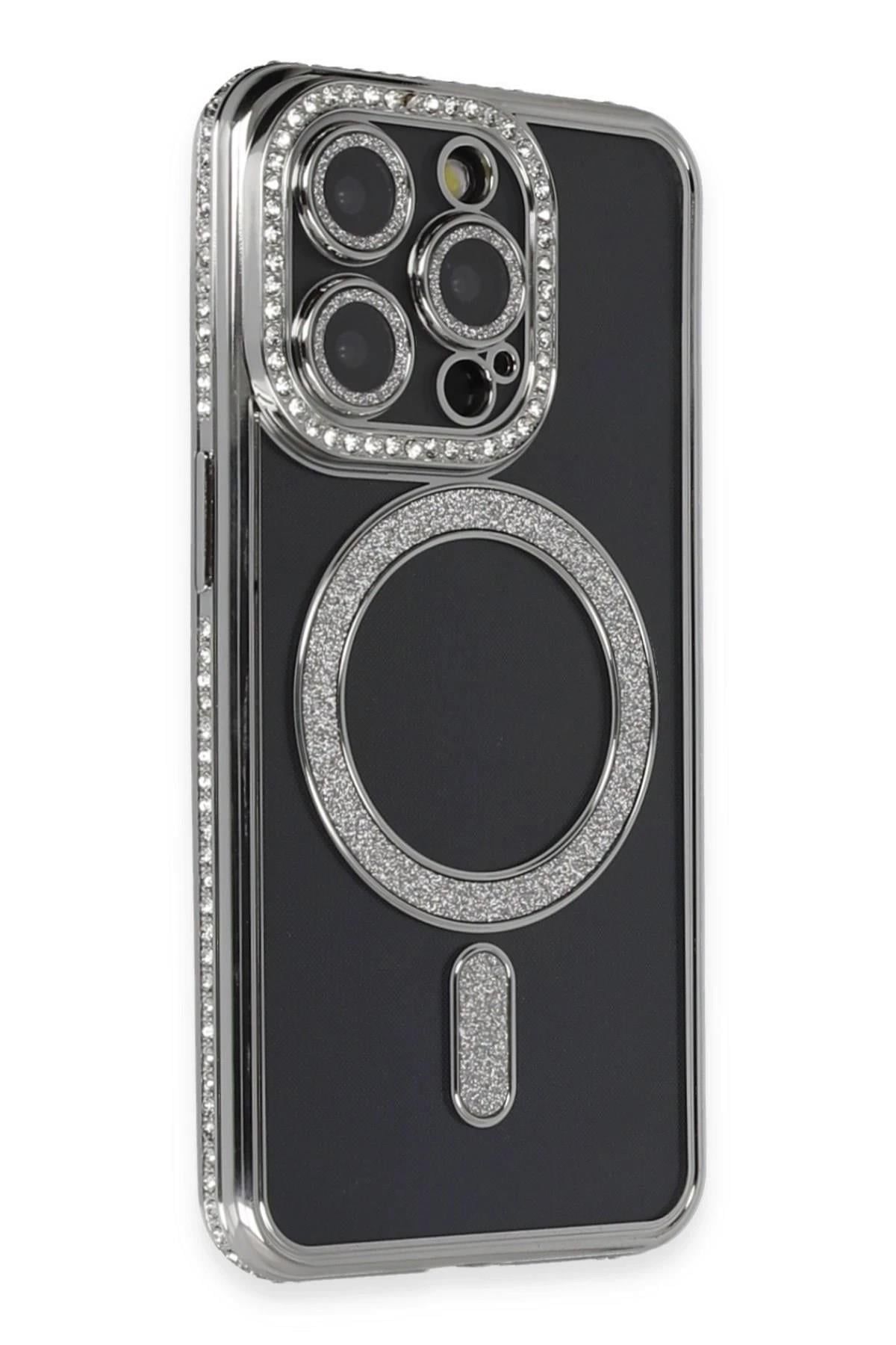 Mey İthalat®  iPhone 14 Pro Max Kılıf Joke Simli Magneticsafe Kılıf - Gri