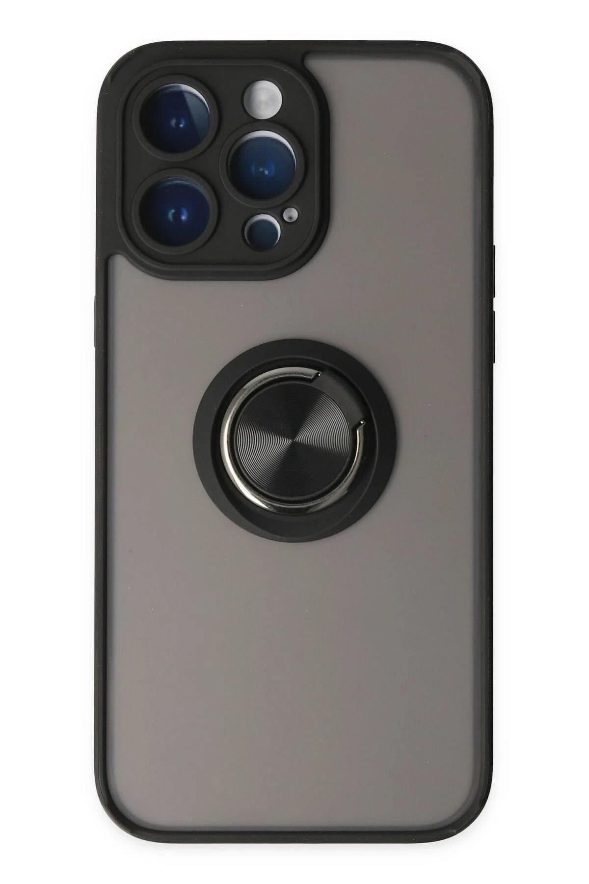 Mey İthalat®  iPhone 14 Pro Max Kılıf Montreal Yüzüklü Silikon Kapak - Siyah