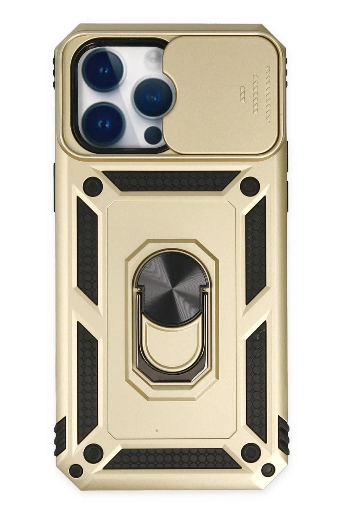 Mey İthalat®  iPhone 14 Pro Max Kılıf Pars Lens Yüzüklü Silikon - Gold