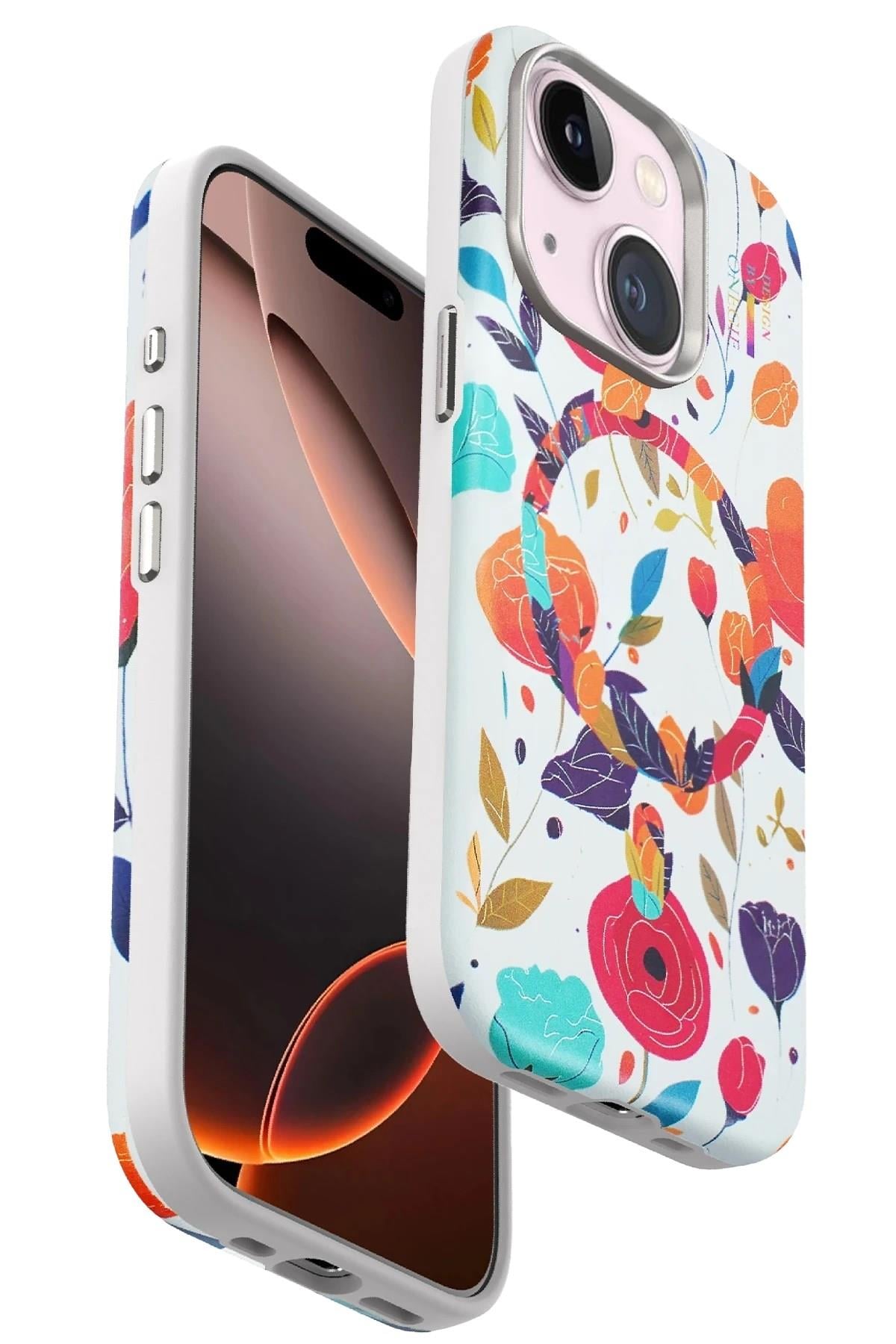 Mey İthalat®  iPhone 15 Plus Flower Series Magsafe Kapak - Beyaz