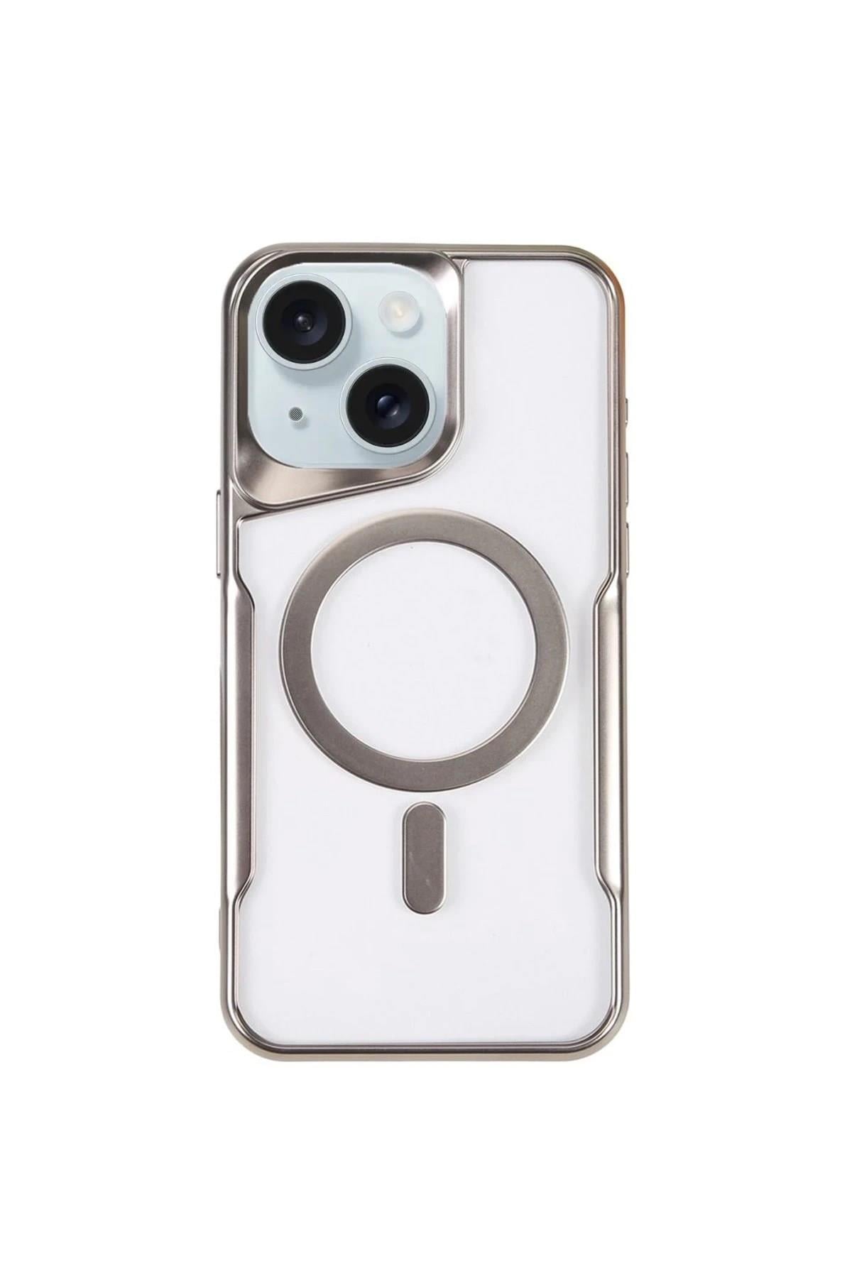 Mey İthalat®  iPhone 15 Plus Kılıf Boyi Magsafe Silikon Kapak - Gümüş