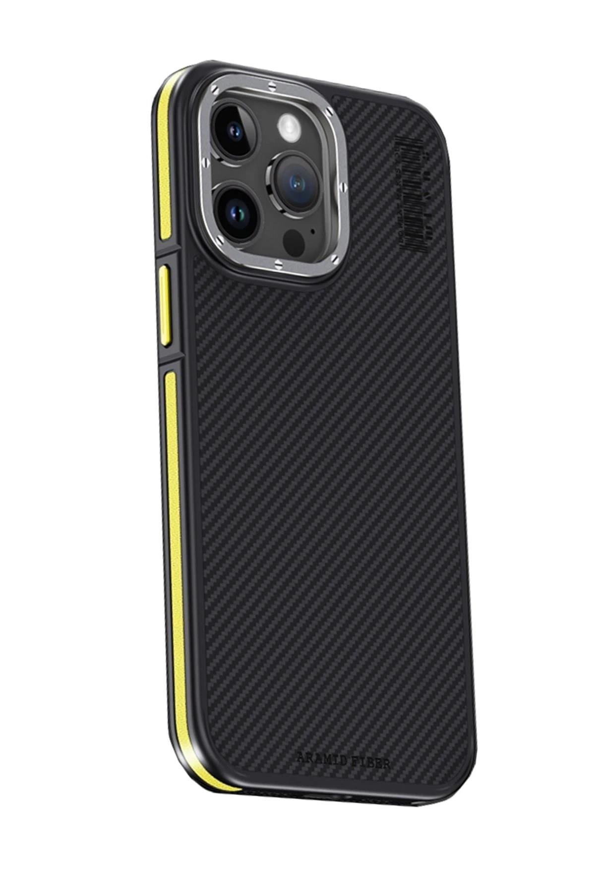 Mey İthalat®  iPhone 15 Pro Kılıf Aramid 600D Kevlar Karbon Fiber Magsafe Kapak - Sarı