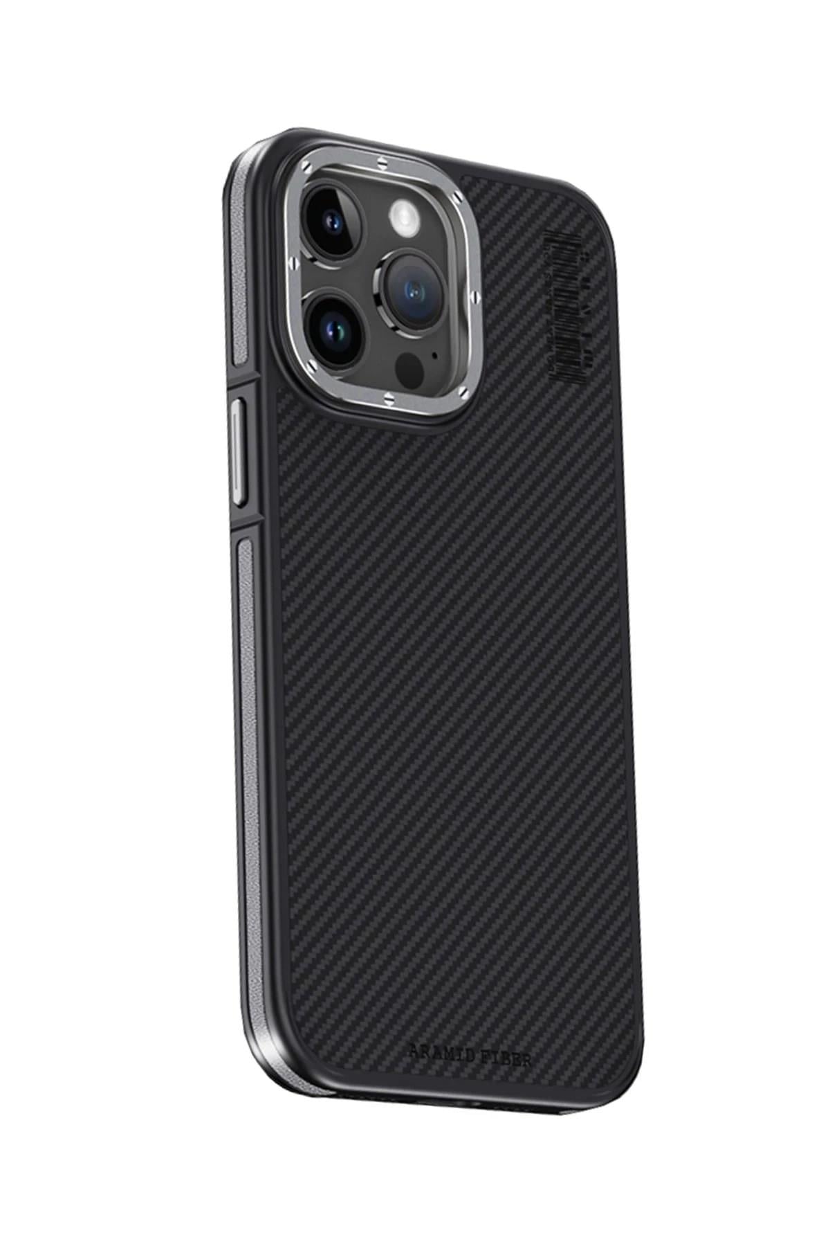 Mey İthalat®  iPhone 15 Pro Kılıf Aramid 600D Kevlar Karbon Fiber Magsafe Kapak - Gri
