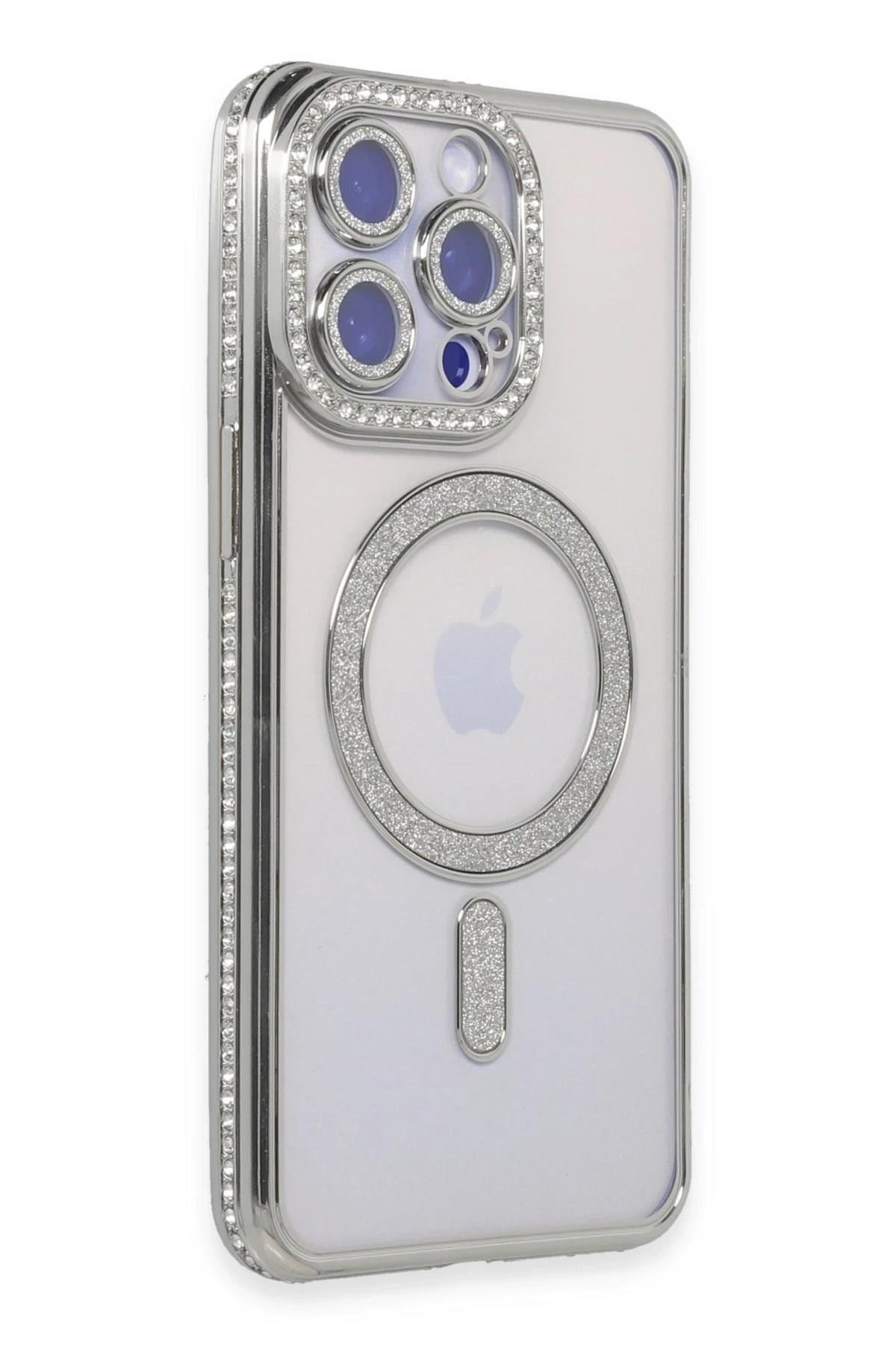 Mey İthalat®  iPhone 15 Pro Kılıf Joke Simli Magneticsafe Kılıf - Gümüş