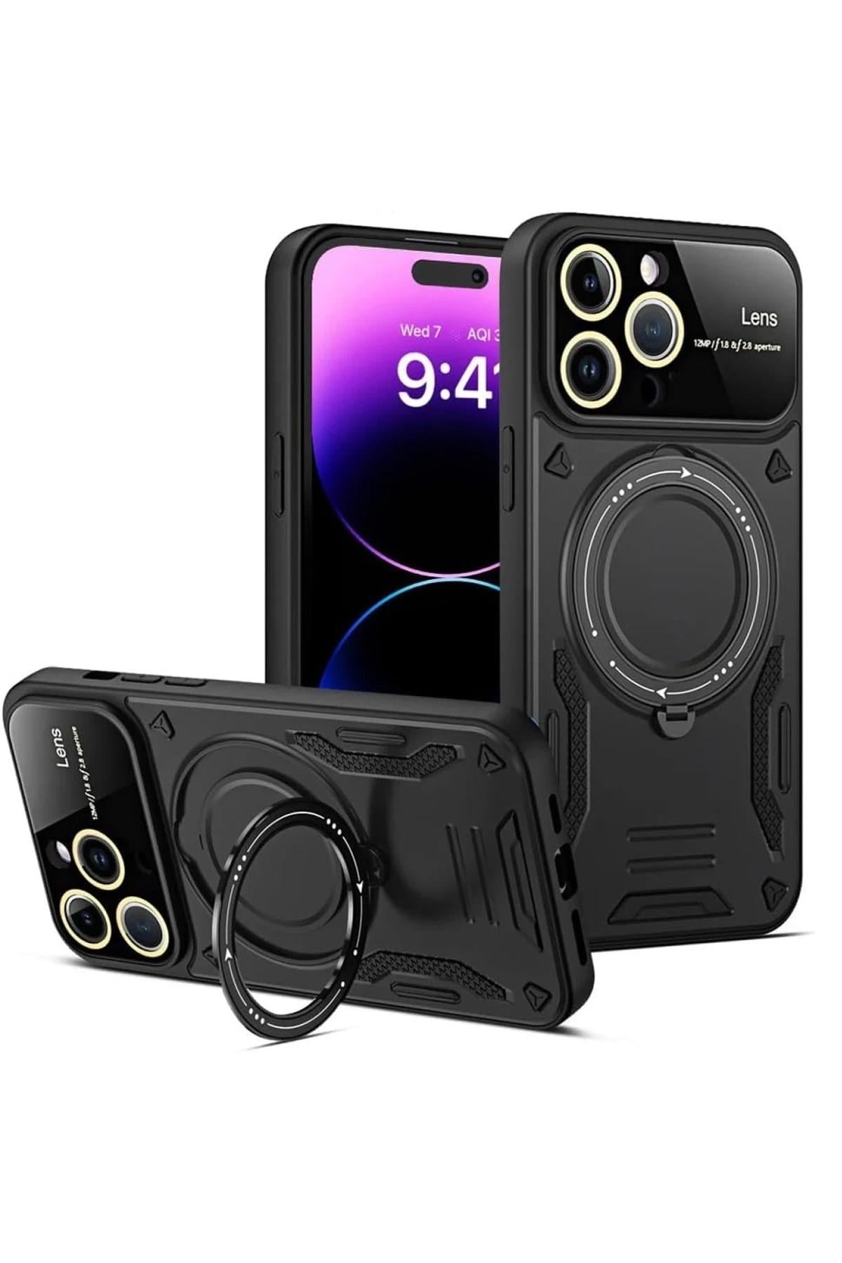 Mey İthalat®  iPhone 15 Pro Kılıf Joy Lens Standlı Kapak - Siyah