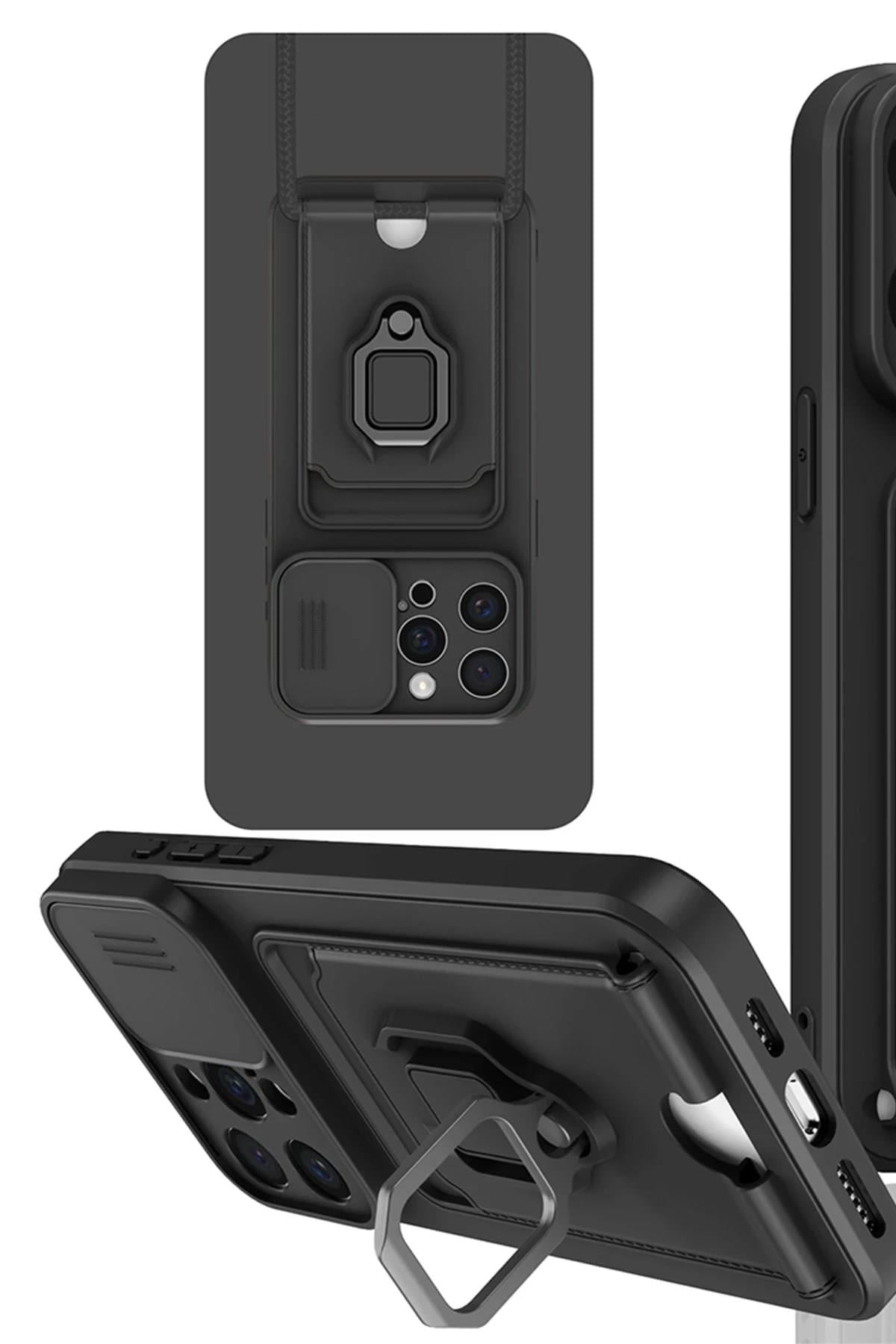 Mey İthalat®  iPhone 15 Pro Kılıf Zuma Kartvizitli Yüzüklü Silikon - Siyah