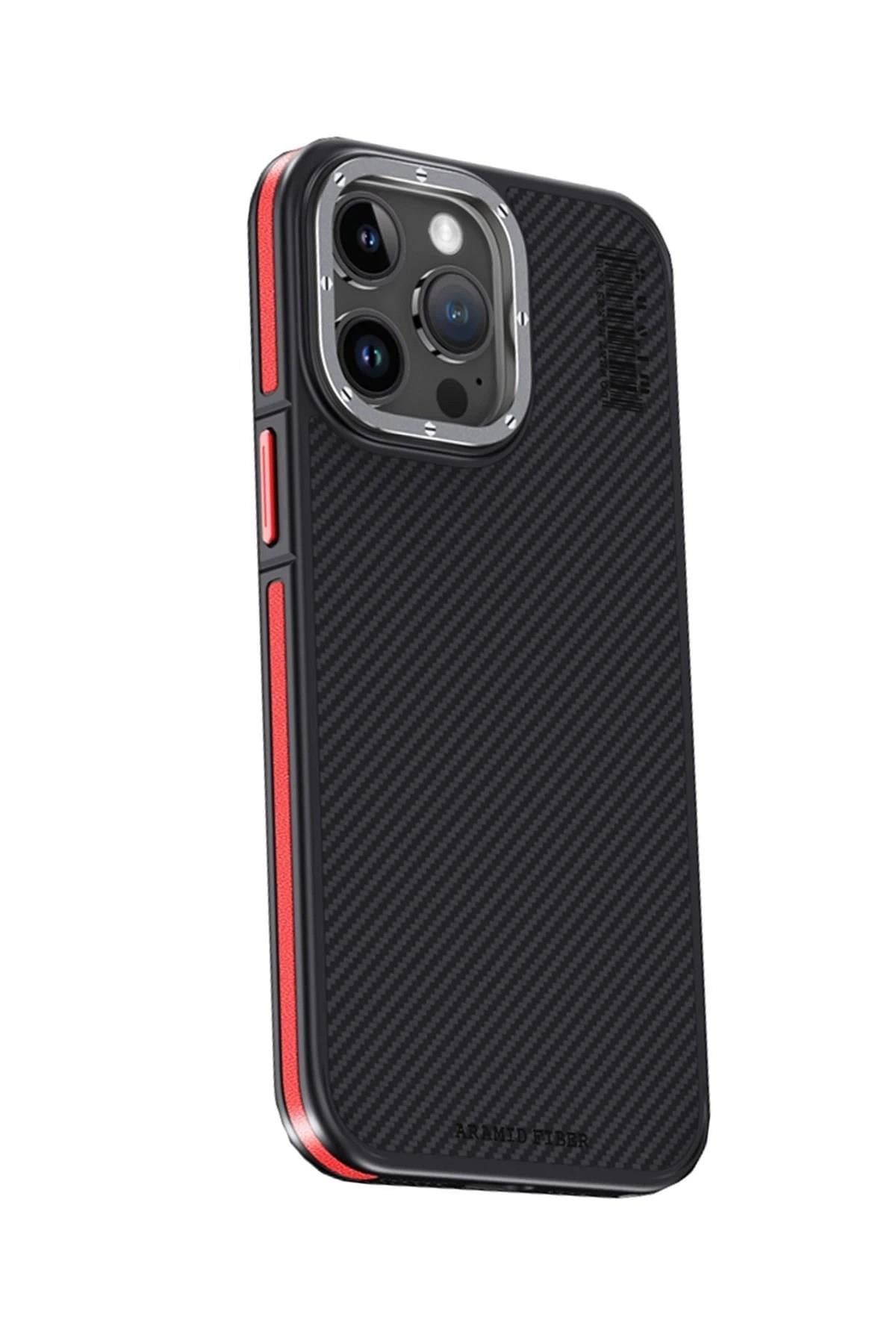Mey İthalat®  iPhone 15 Pro Max Kılıf Aramid 600D Kevlar Karbon Fiber Magsafe Kapak - Kırmızı