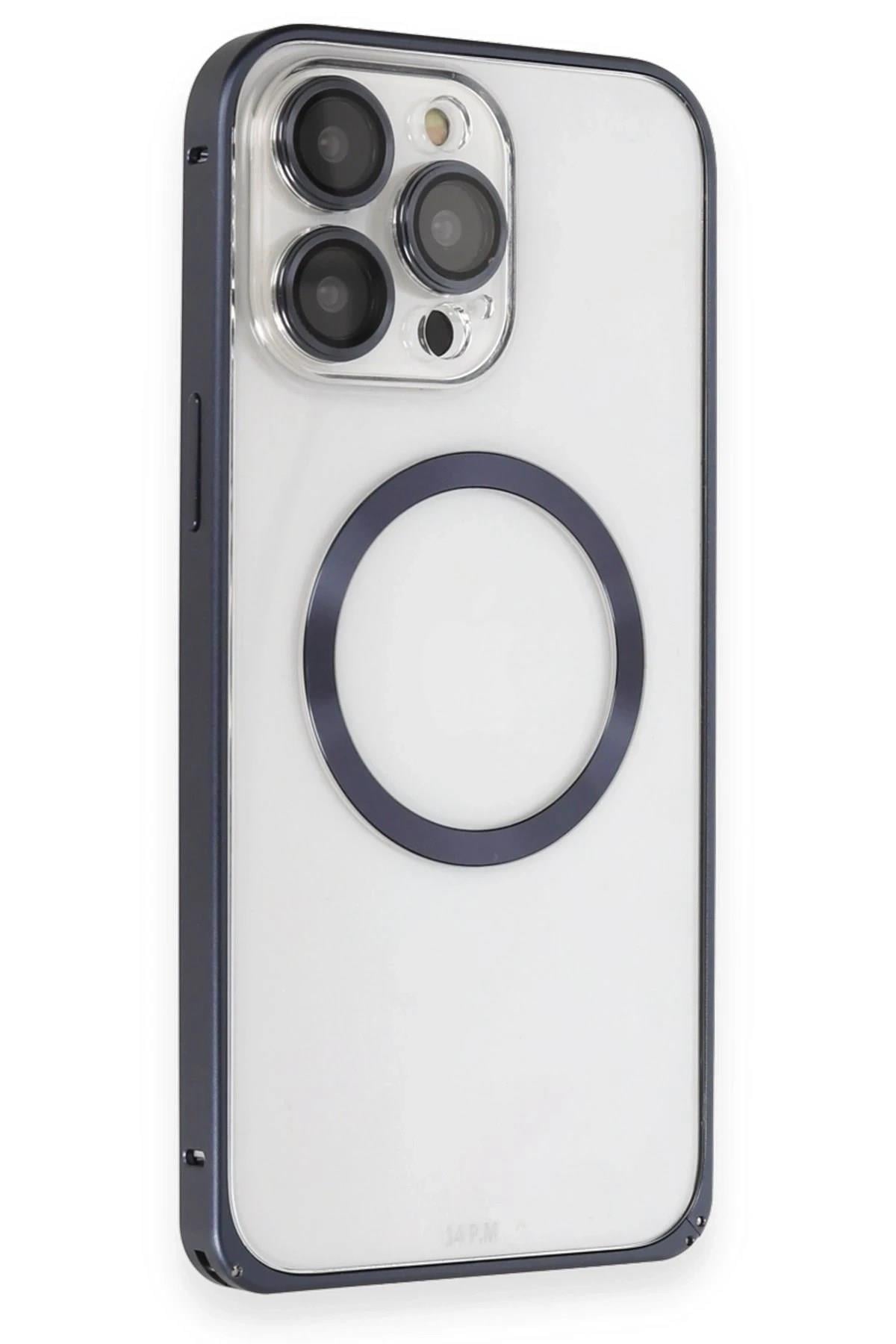 Mey İthalat®  iPhone 15 Pro Max Kılıf Metal Bumper Magneticsafe Kapak - Lacivert