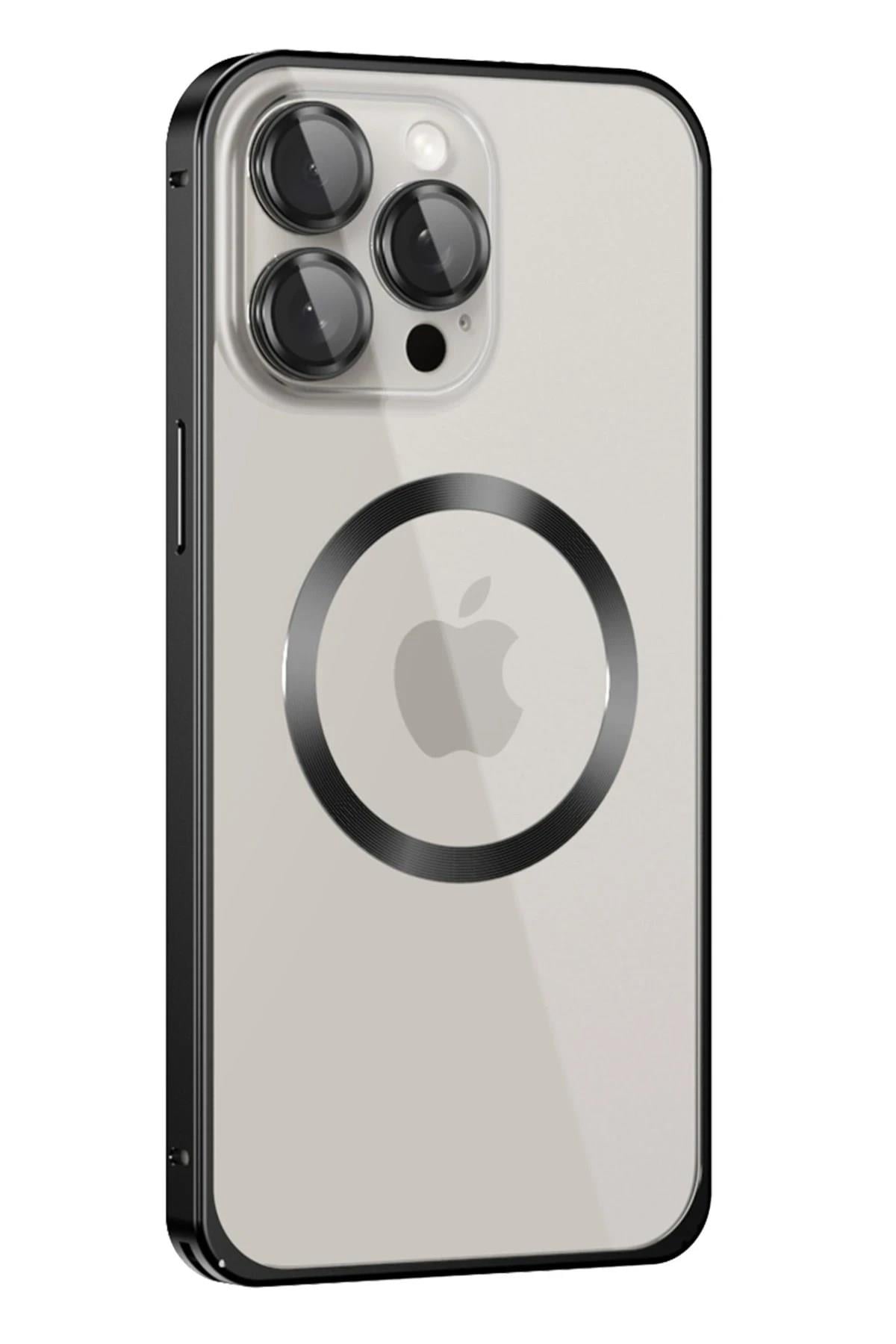 Mey İthalat®  iPhone 15 Pro Max Kılıf Metal Bumper Magneticsafe Kapak - Siyah