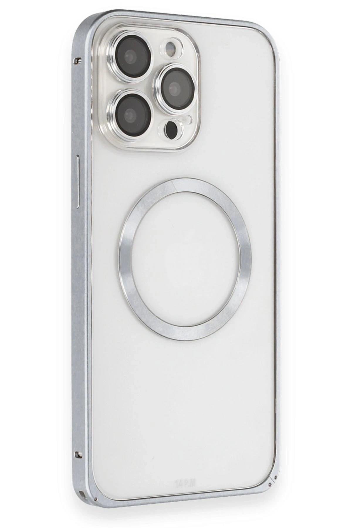 Mey İthalat®  iPhone 15 Pro Max Kılıf Metal Bumper Magneticsafe Kapak - Gri