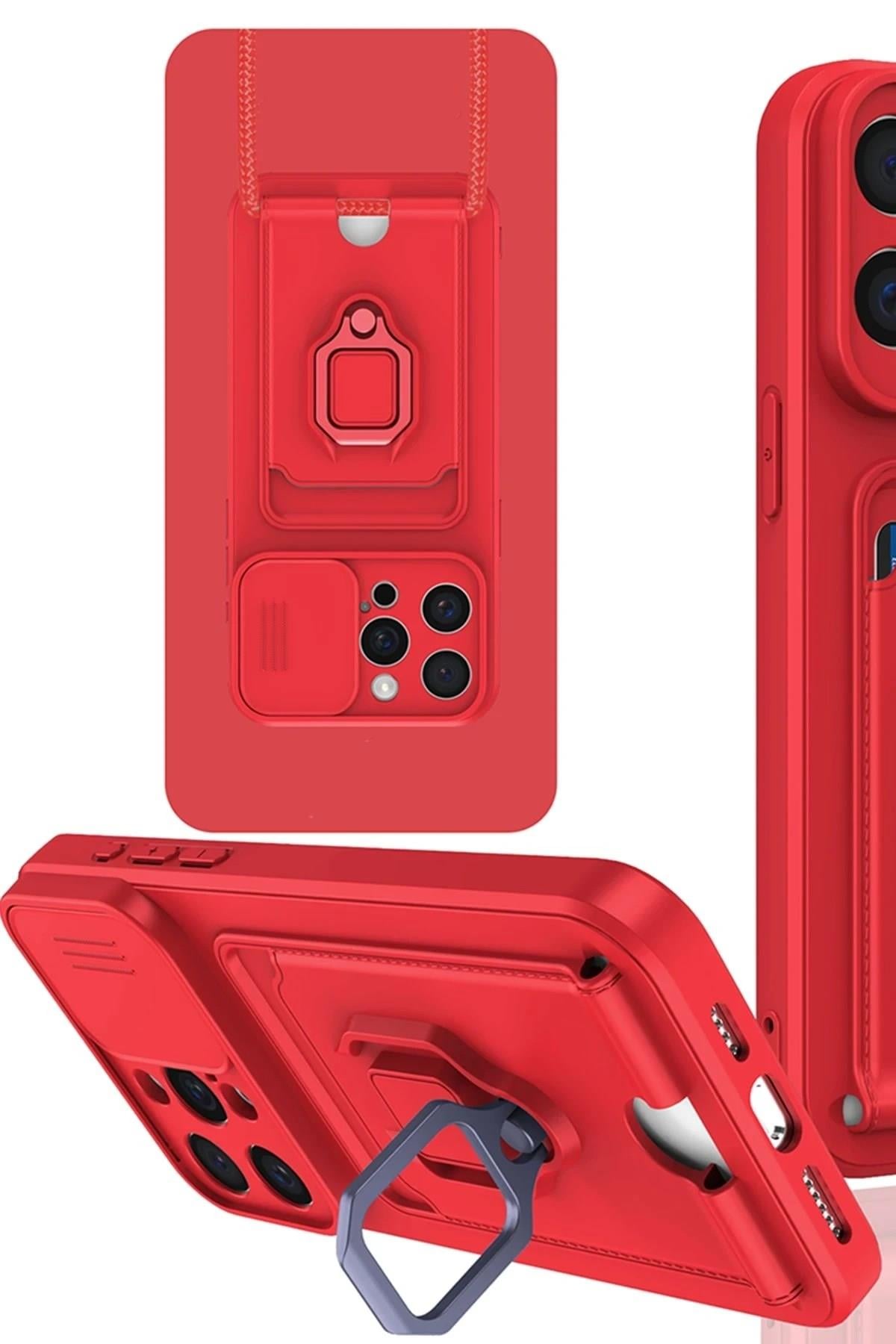 Mey İthalat®  iPhone 15 Pro Max Kılıf Zuma Kartvizitli Yüzüklü Silikon - Kırmızı
