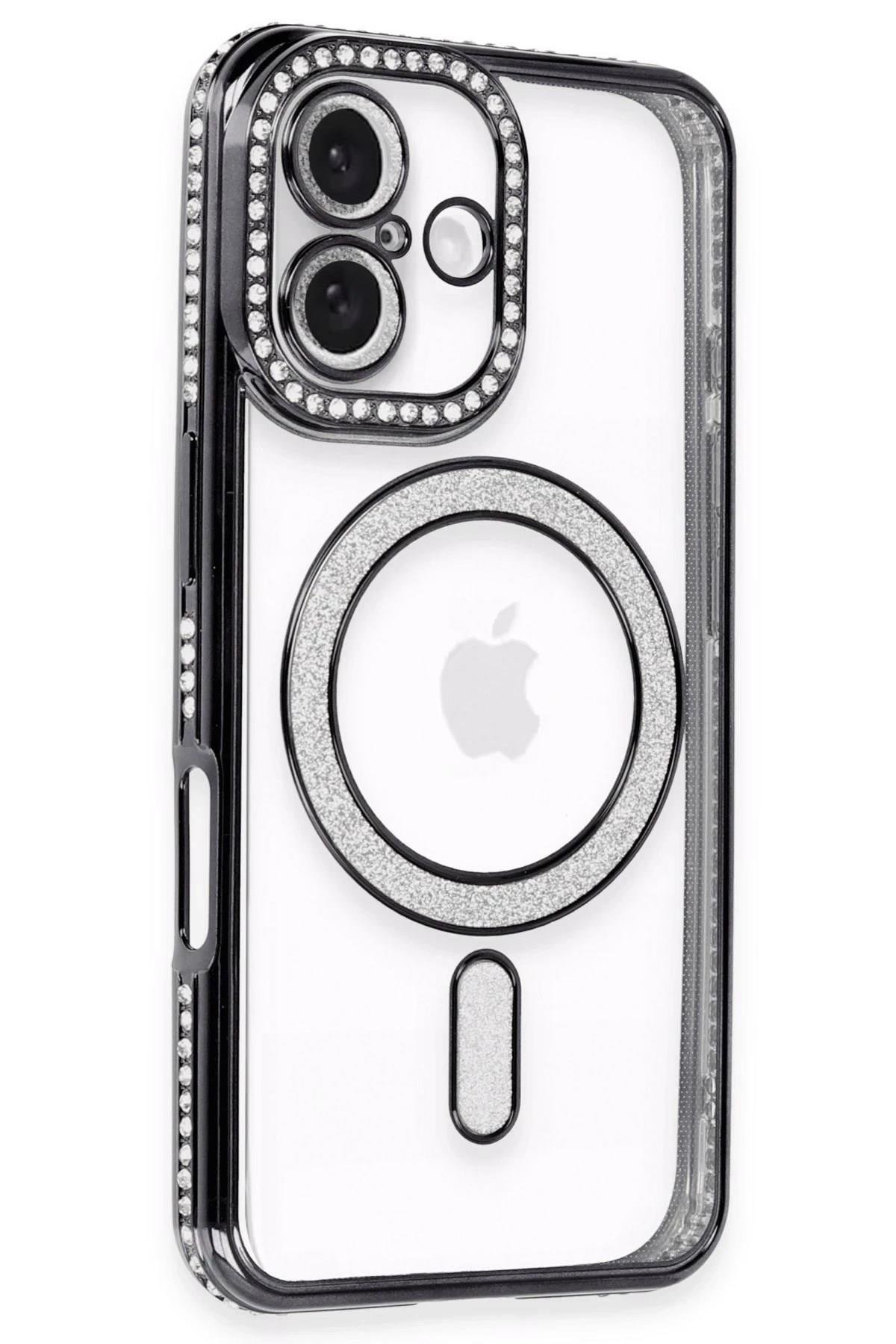 Mey İthalat®  iPhone 16 Kılıf Joke Simli Magneticsafe Kılıf - Siyah