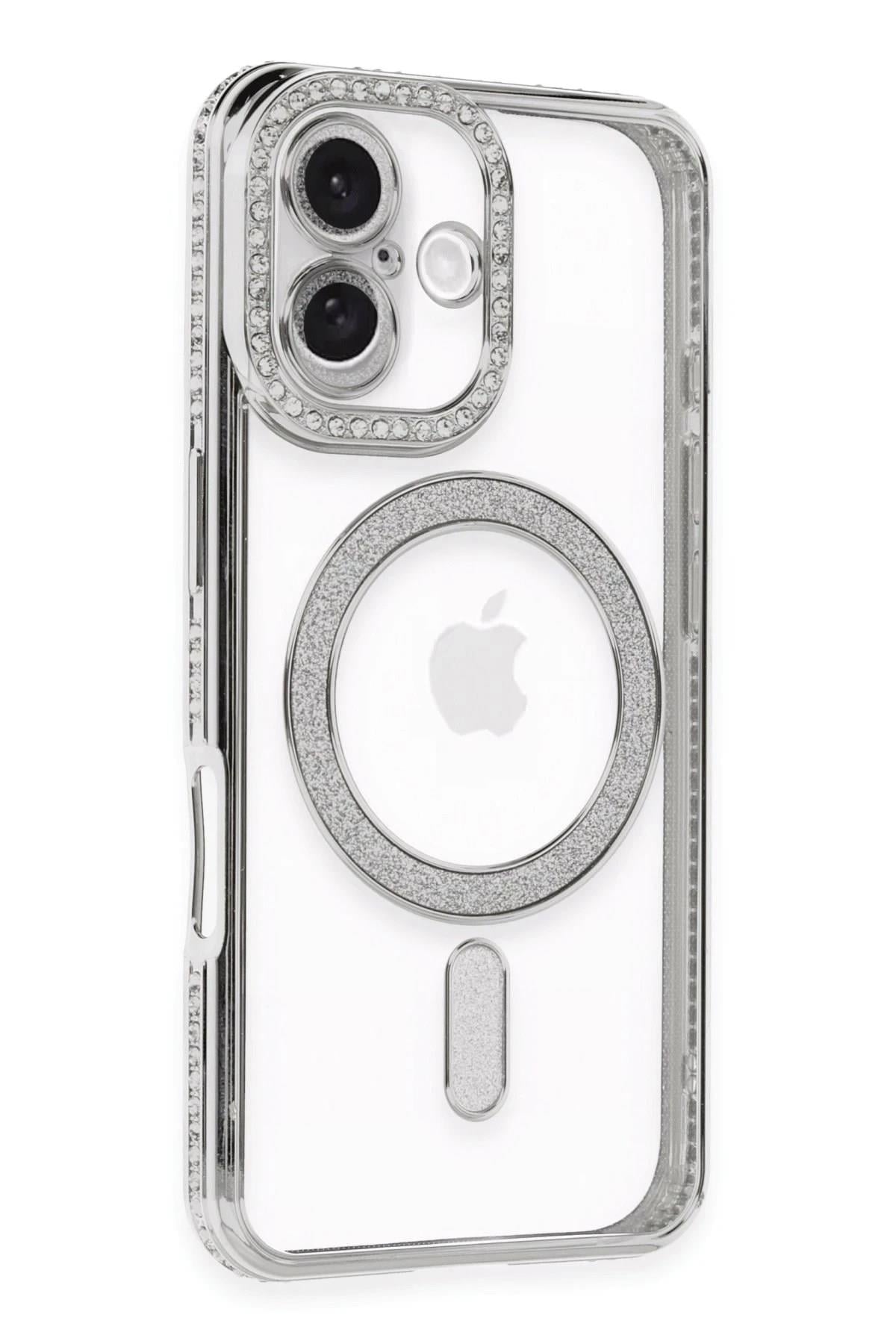 Mey İthalat®  iPhone 16 Kılıf Joke Simli Magneticsafe Kılıf - Gümüş