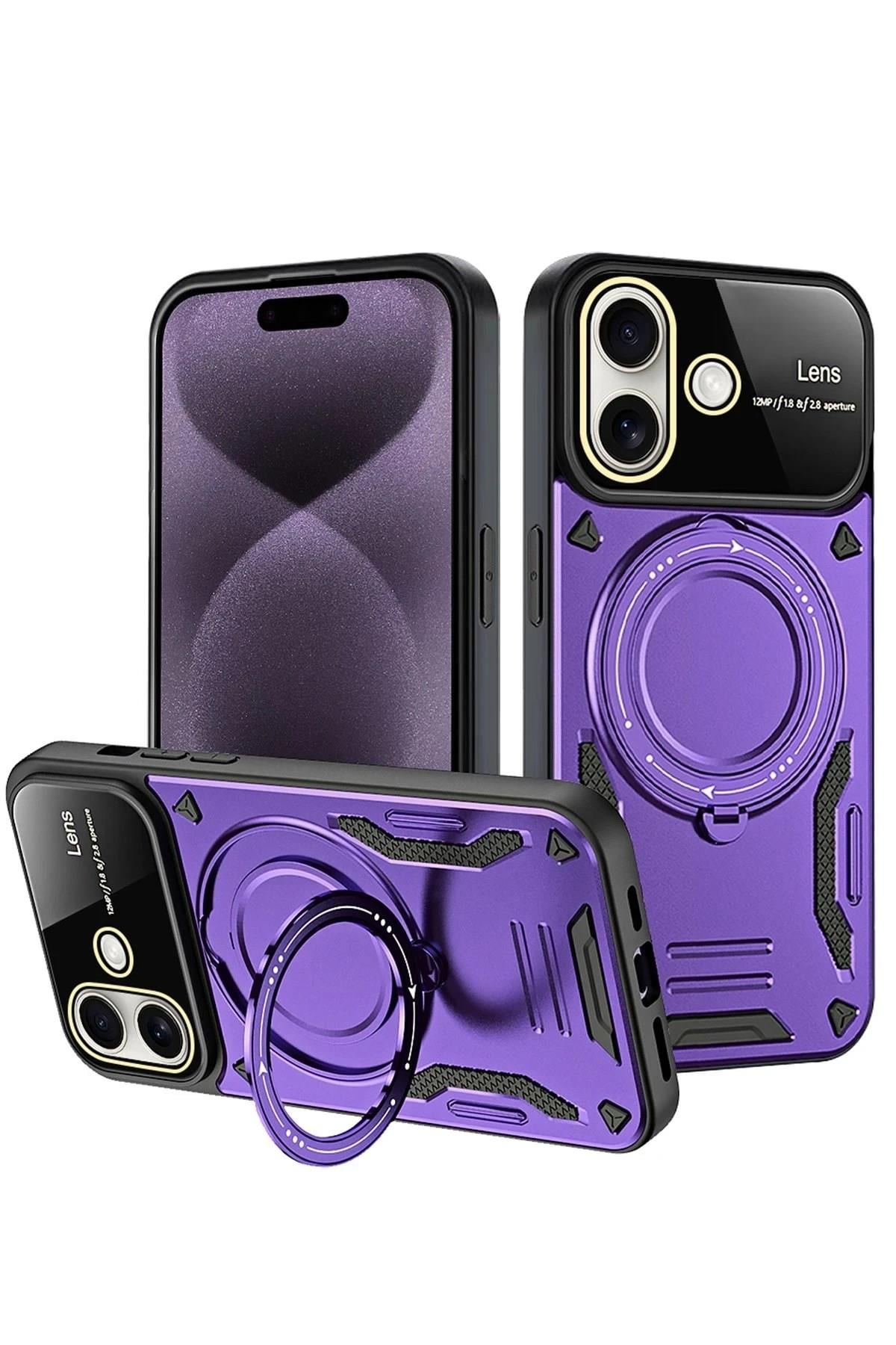 Mey İthalat®  iPhone 16 Kılıf Joy Lens Standlı Kapak - Mor