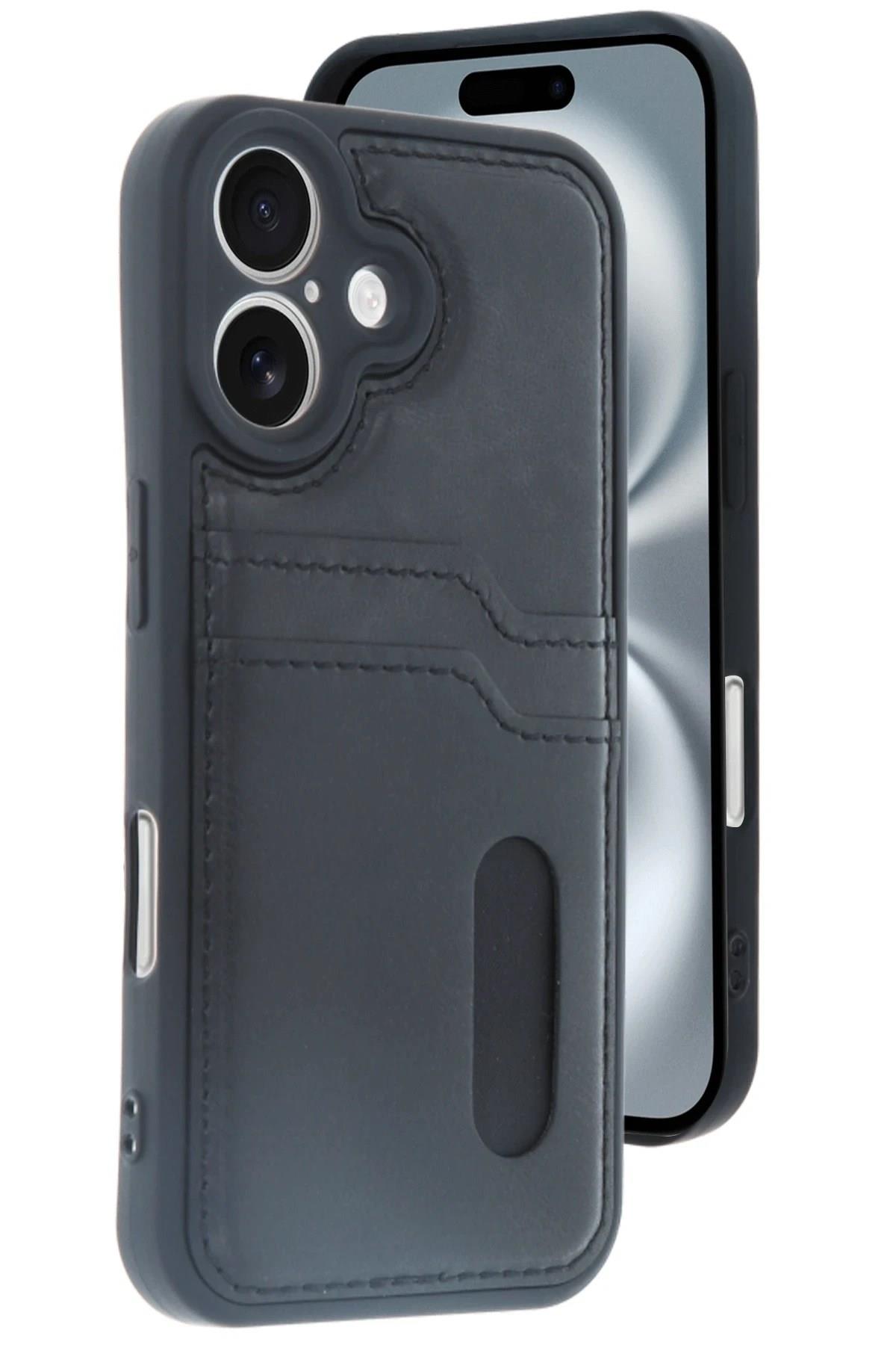 Mey İthalat®  iPhone 16 Kılıf Sara Kartvizitli Deri Kılıf - Siyah