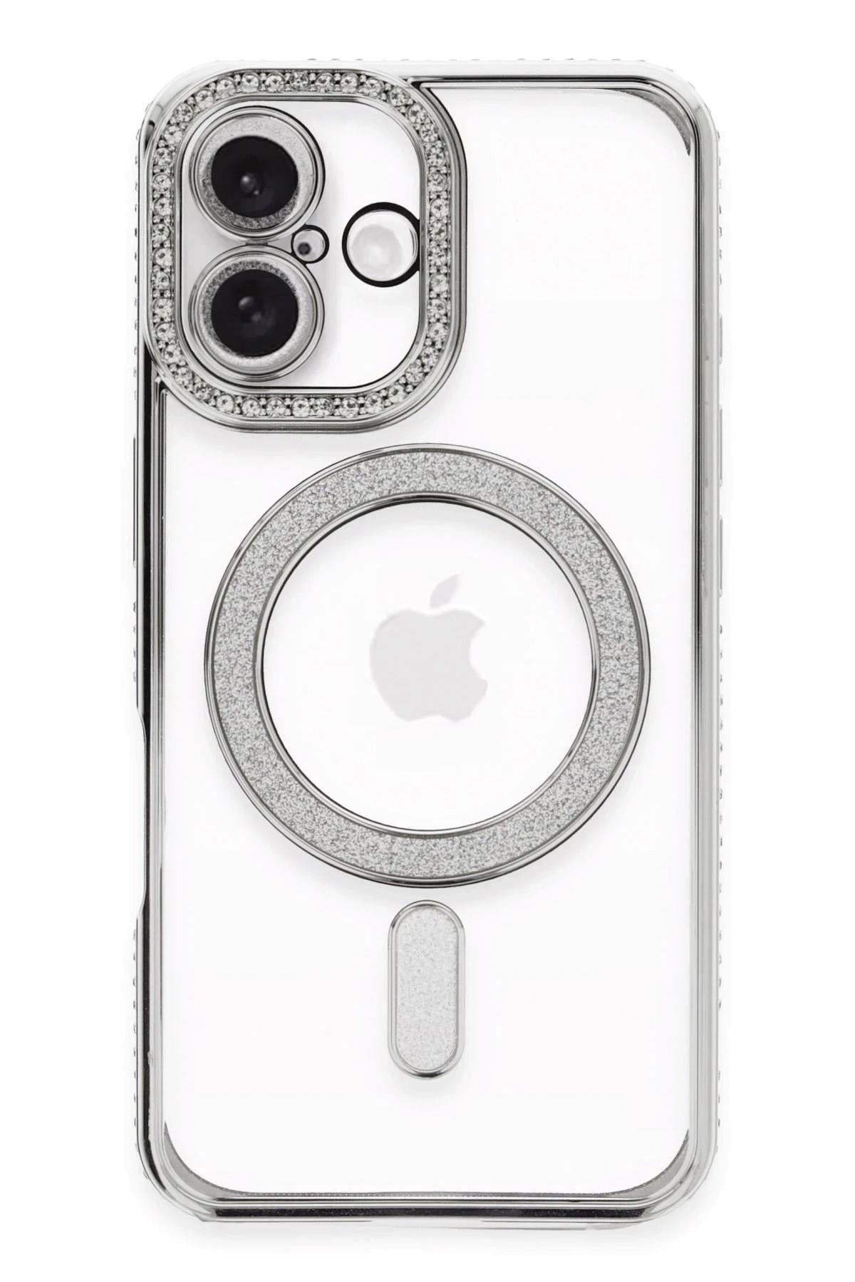 Mey İthalat®  iPhone 16 Plus Kılıf Joke Simli Magneticsafe Kılıf - Gümüş