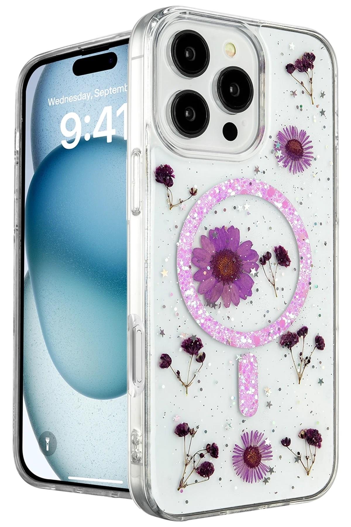 Mey İthalat®  iPhone 16 Pro Kılıf Daisy Simli Magsafe Kapak - Mor